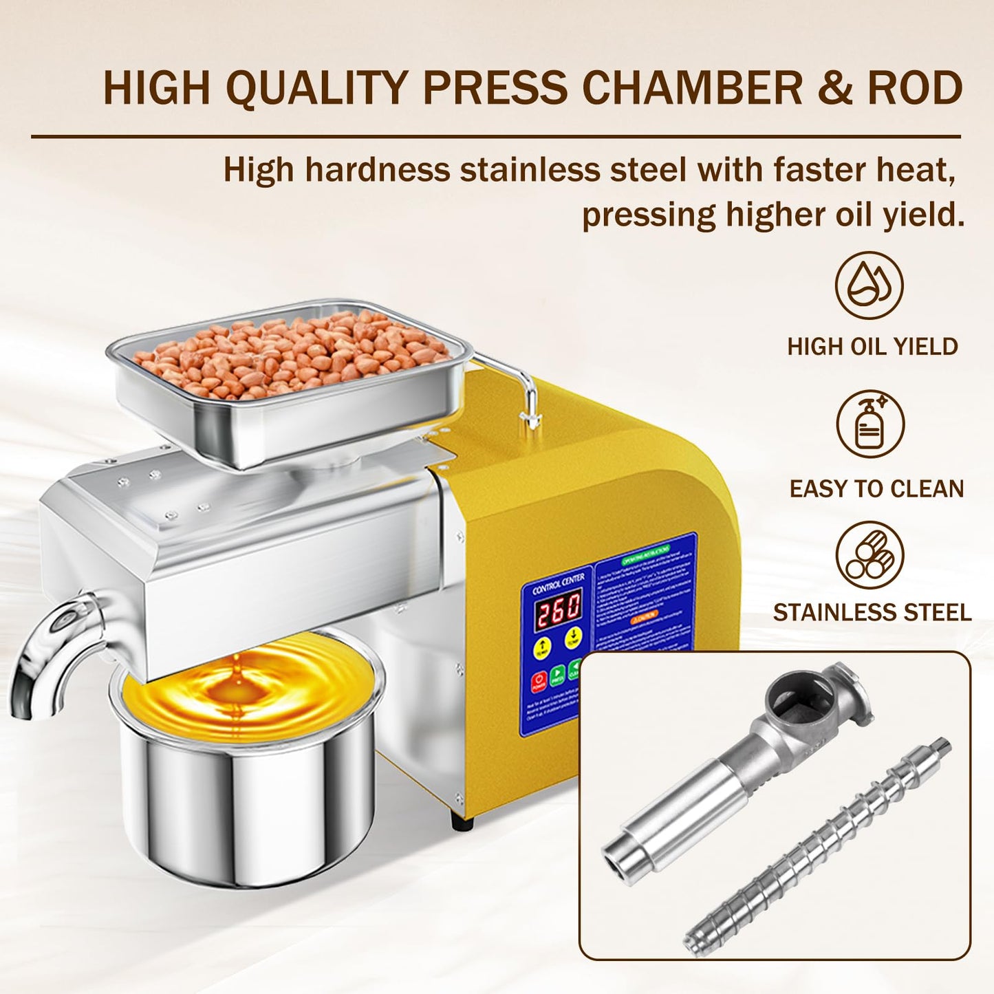 Rkazes Oil Press Machine, 1800W Automatic Electric Oil Maker for Home & Commercial, Stainless Steel Oil Extractor for Cold & Hot Press for Seed, Nut, Peanut, Olive Kernel, Sesame, Sunflower, Walnut