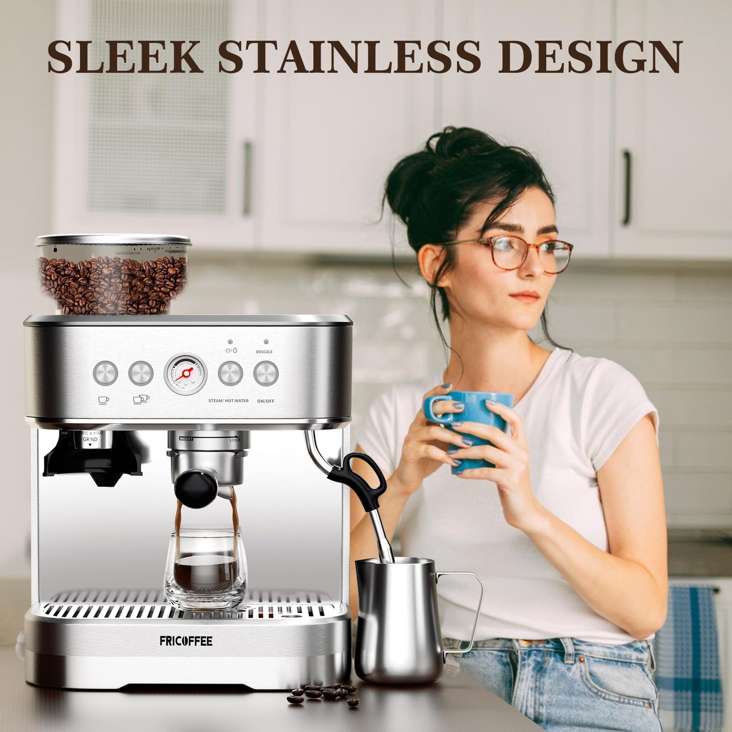 Fricoffee Espresso Machine with Grinder Espresso Maker Stainless Steel with Milk Frother Cappuccino Machine Semi Automatic Espresso Machine