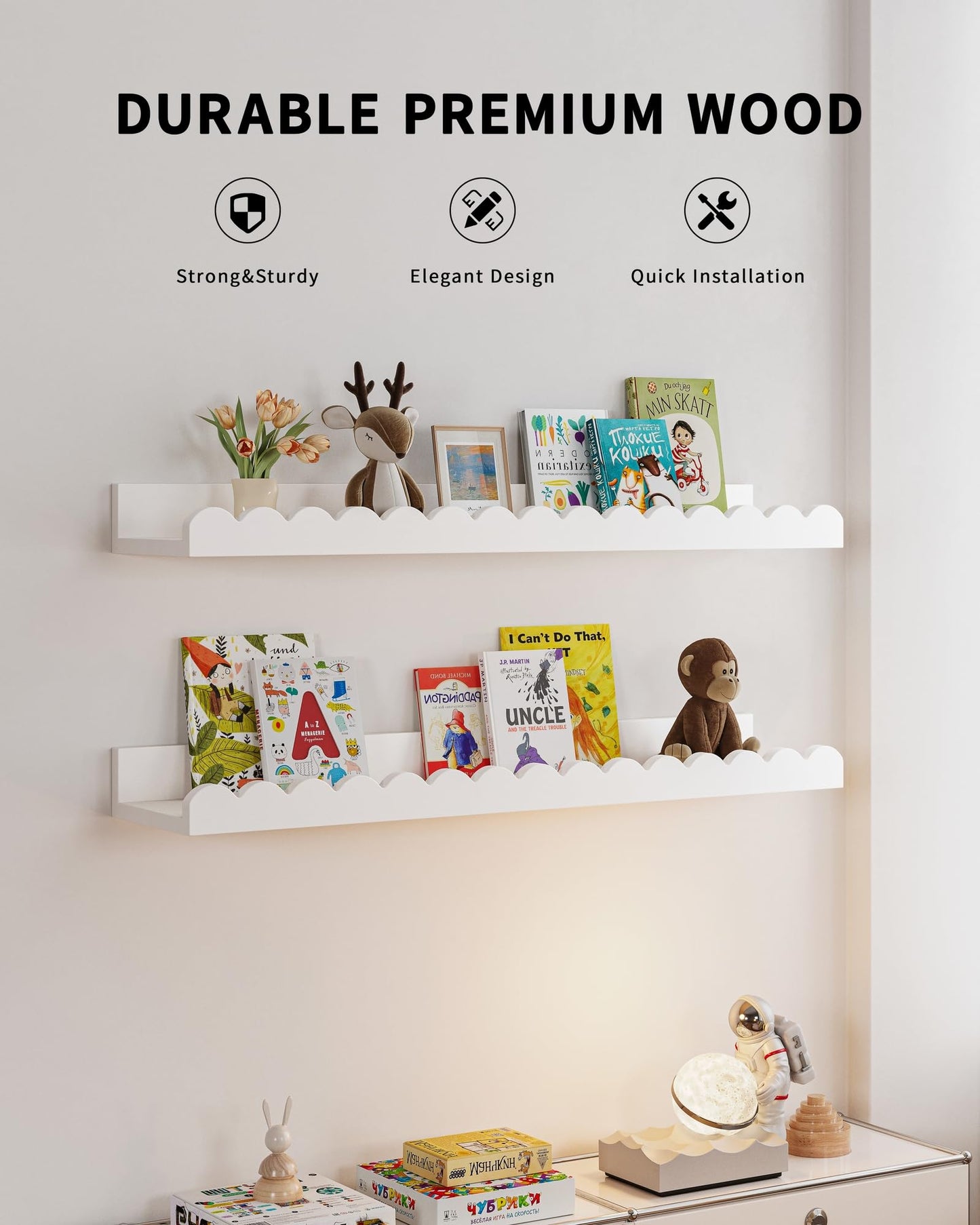 Shario Nursery Book Shelves, 4-Pack White Floating Shelves for Wall Kids, Scalloped Shelves, Wall Book Shelves for Bedroom Kids, Toddler Room, Baby Room, Nursery Decor
