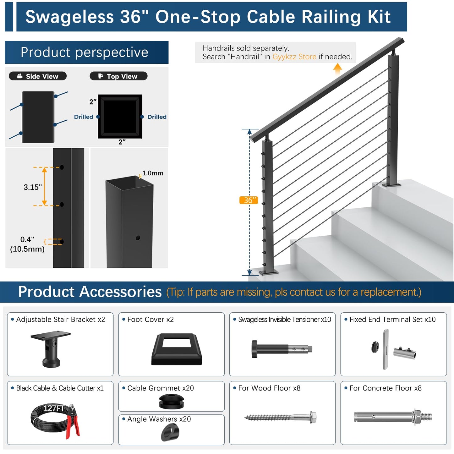 Gyykzz 4-12FT Swageless Black Stair Cable Railing Kit 36Inch 2 Stair Post Kit Fit 28-38 Degree Stairway, Cable Railing System with Patent Terminal for Staircase, Railing Kit Length Adjustable Easy DIY