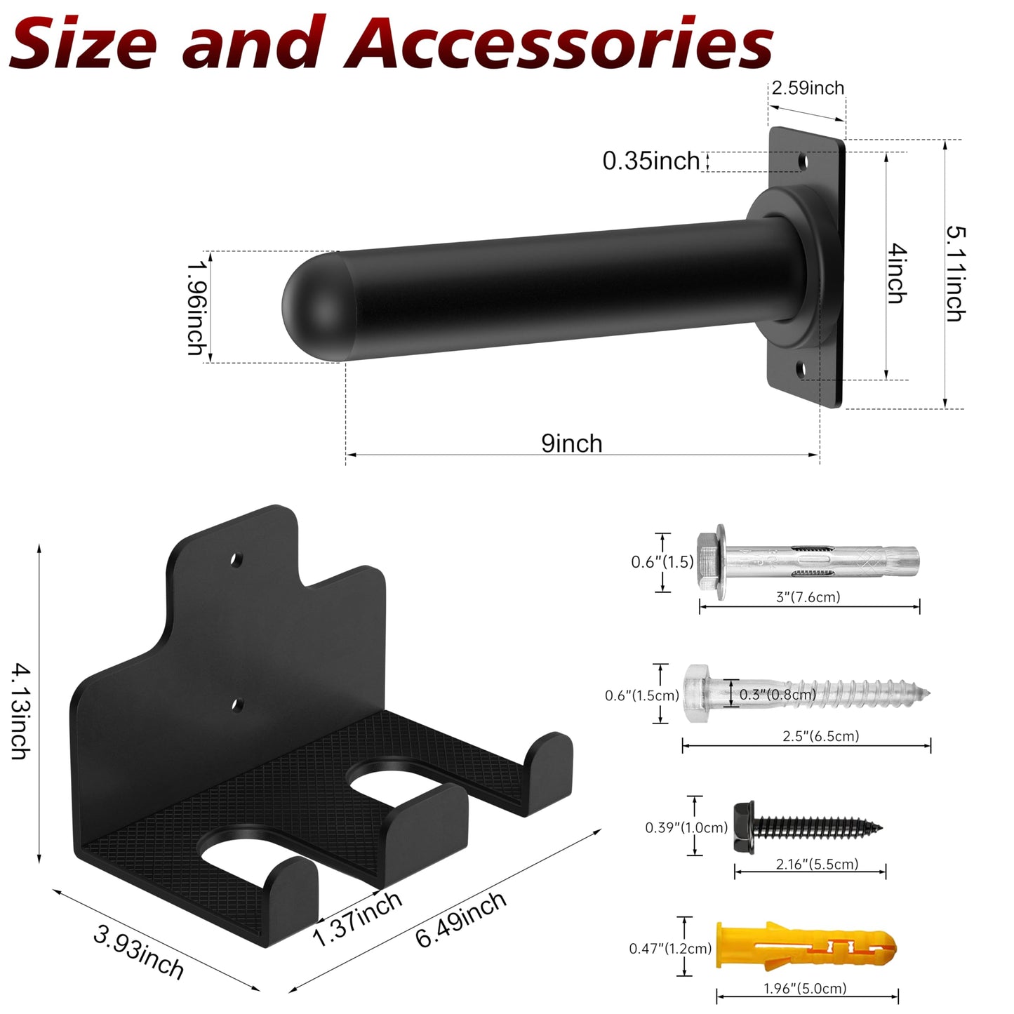 Rumoid 4 Pack Wall Mounted Weight Plate Holder and 1 Pack 2 Hooks Barbell Hanger, Weight Plate Holder for 2" Weight Plates, Vertical Barbell Holder With Protective Rubber Pad for Garage Home Gym
