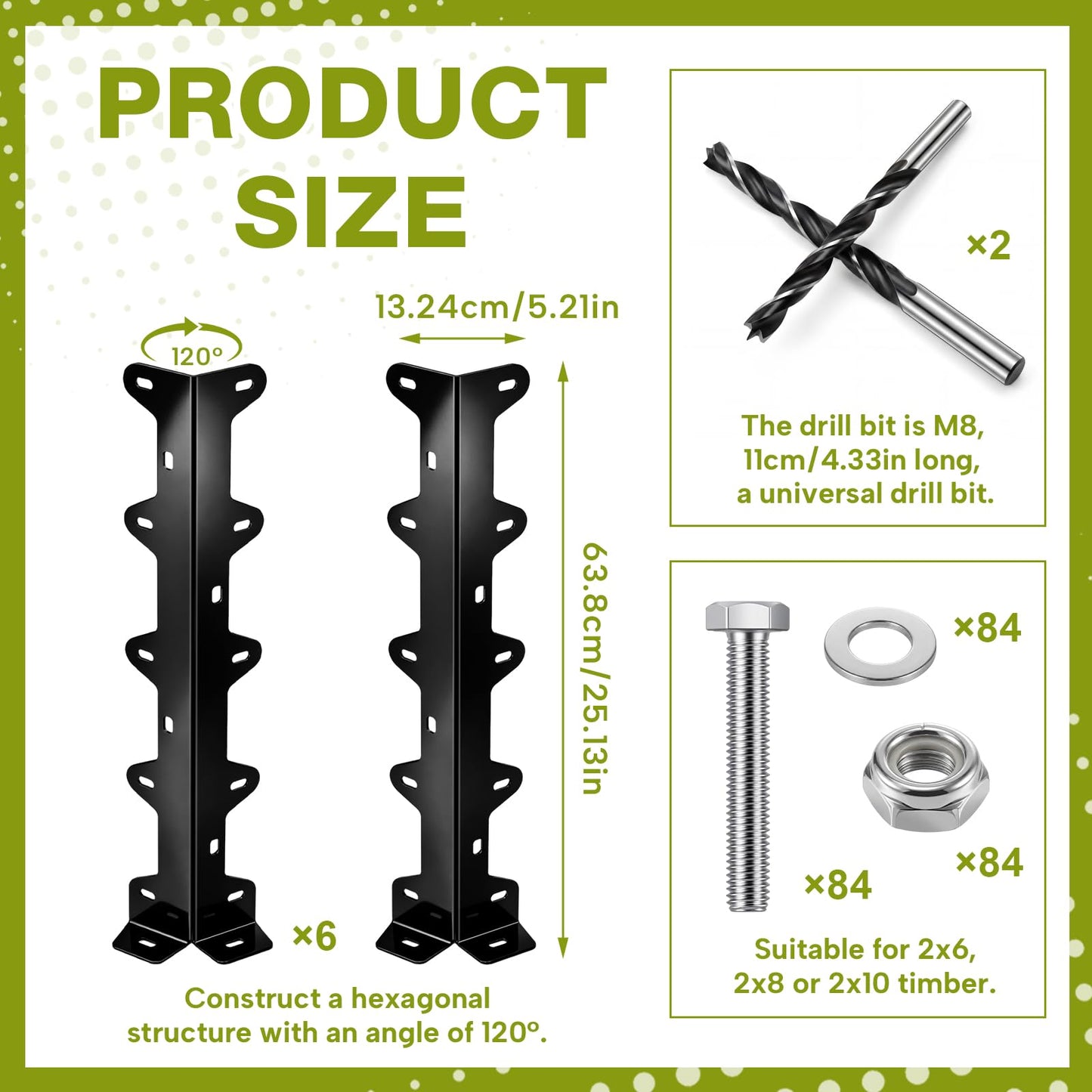 ElaraBerry 6 Pack Gaga Ball Pit Brackets 25 x 5 Inch 120 Degree Heavy Duty Steel Corner Brackets with Bolts Nut Washers Outdoor Playground Frame Connectors for Wood Boards