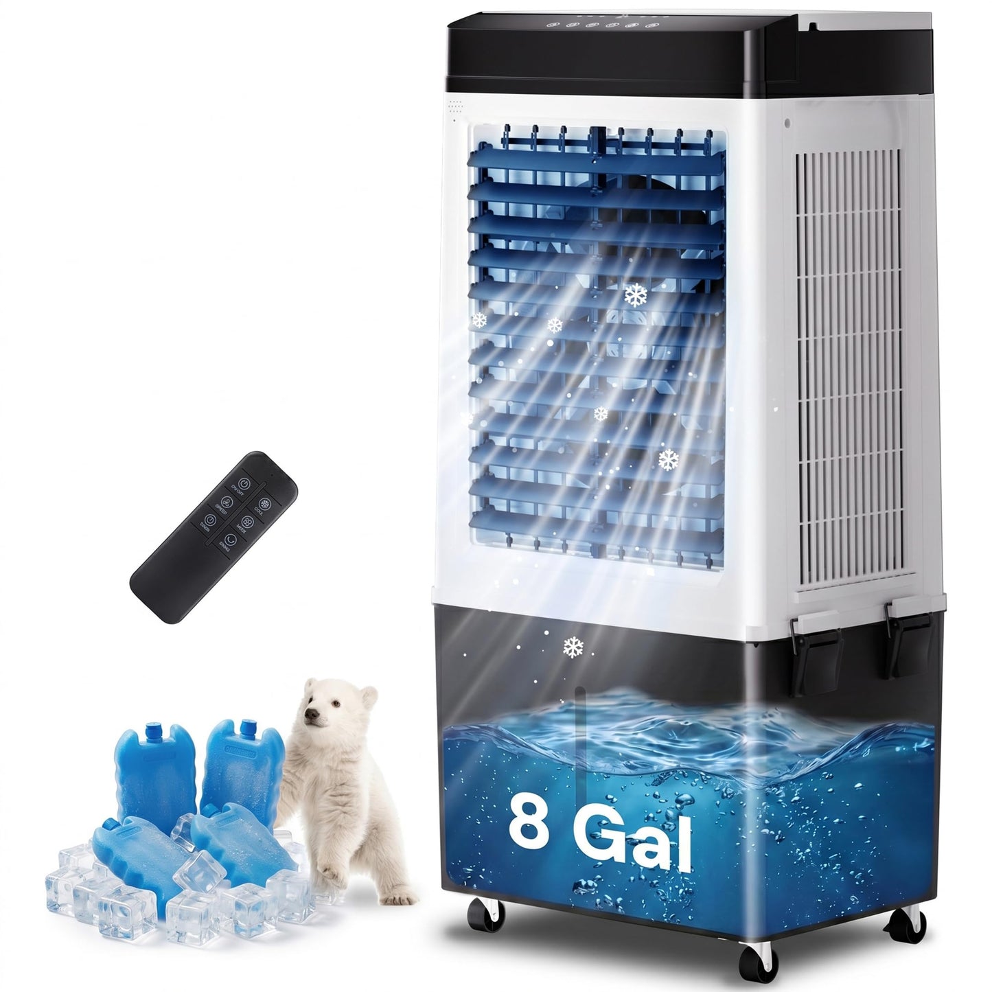 Swamp Cooler, 2200 CFM Evaporative Air Cooler with 8 Gal Water Tank, 4 Ice Packs, 120° Swing,12H Timer,3 Modes,3 Speeds, 3-IN-1 Windowless AC Unit, Room Cooler Portable Air Conditioner for Indoor Use