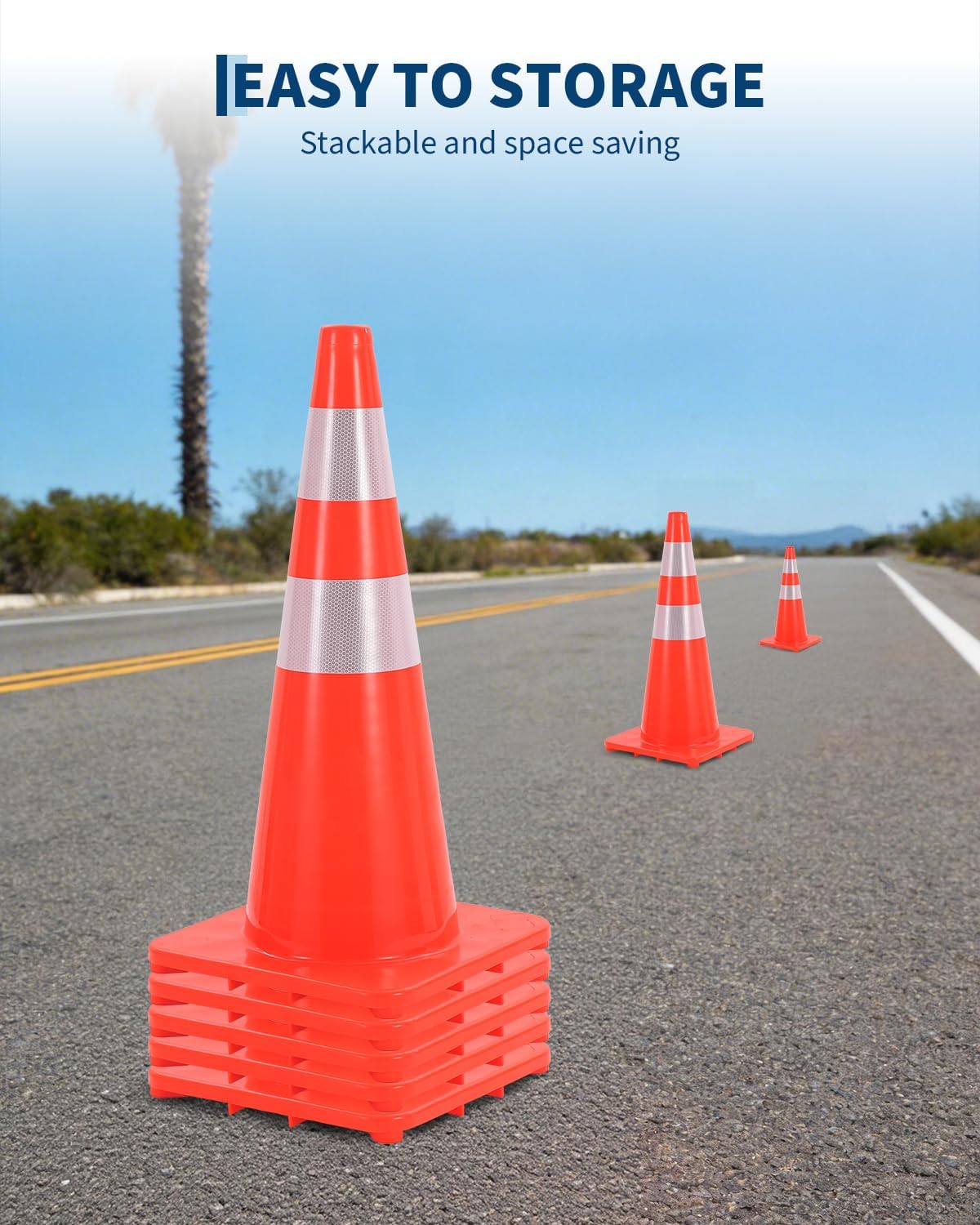 12 Pack Traffic Cone Set, 28 Inch High-Visibility Stackable Barriers with Reflective Collars, PVC Base, Collapsible Safety Stream Cones for Parking, Construction, Event Control, Sports Training