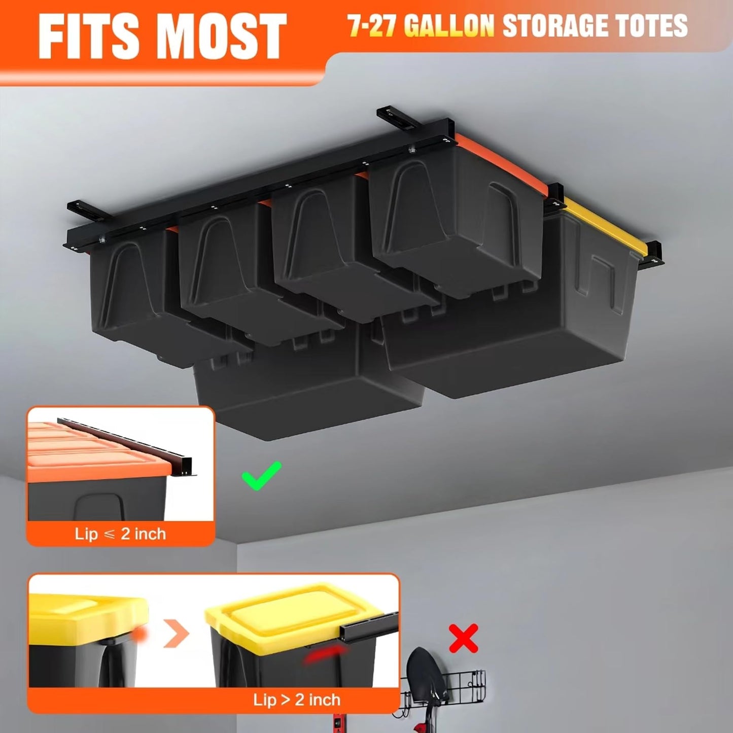 TORACK Garage Ceiling Bin Storage Rack, Overhead Tote Storage Rail System Heavy Duty Adjustable Tote Slide Rails Garage Bins Storage System(Black, Bins are not included)