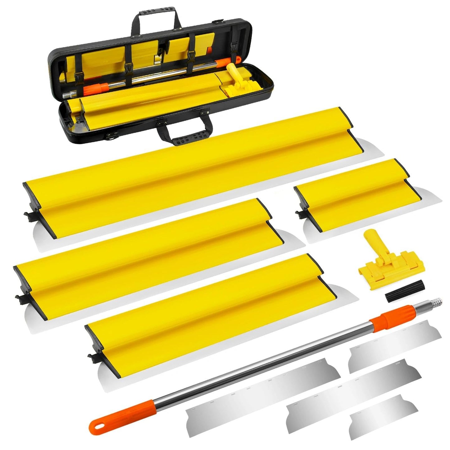Drywall Skimming Blade Set Including Extra Blade Replace, 10", 16", 24" and 32" Stainless Steel Skimming Blades, 29"-47" Extension Handle, Smoothing Drywall Finishing Tools with Portable Case