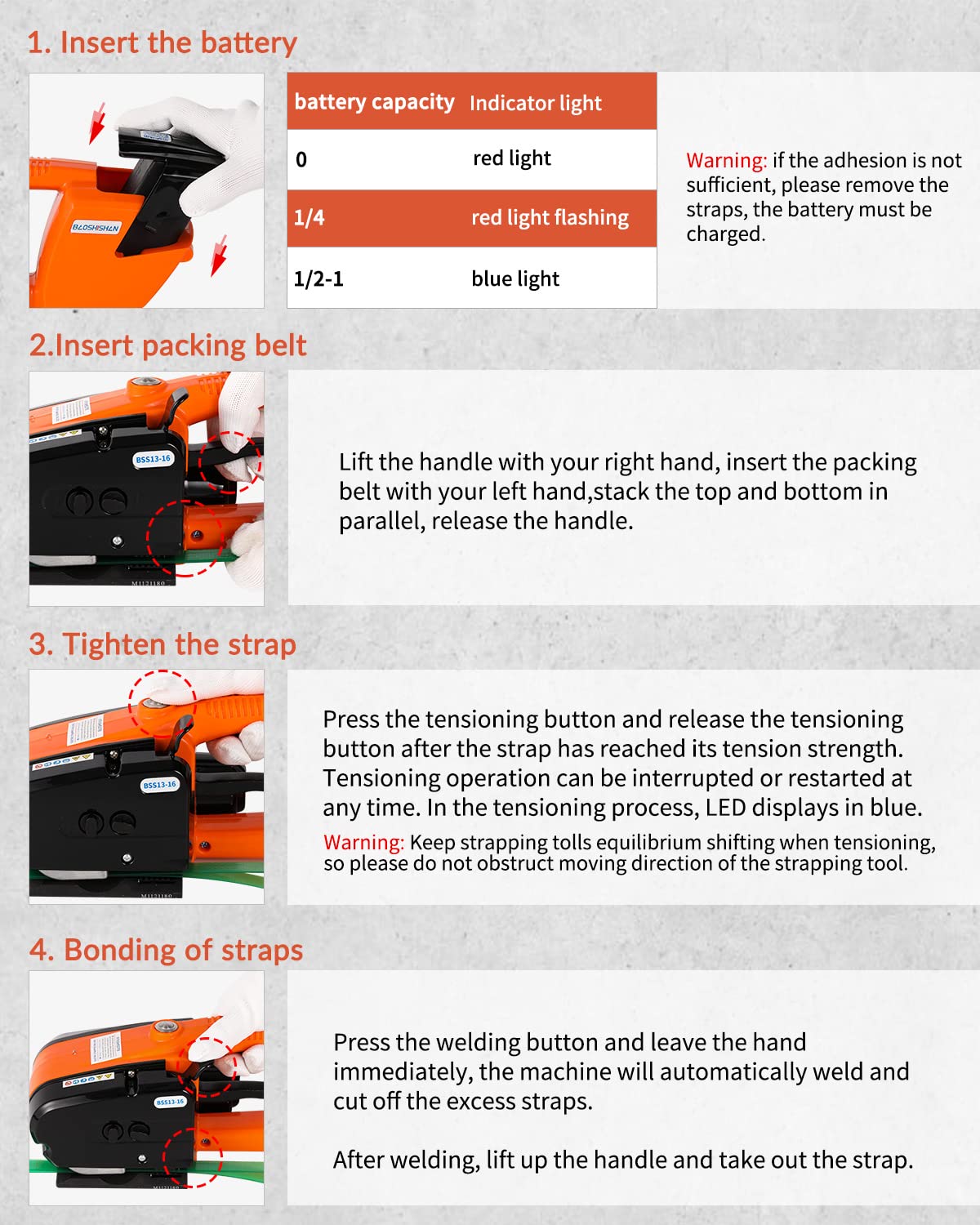 BAOSHISHAN Electric Strapping Tool for 1/2 in-5/8 in PP PET Straps Automatic Strapping Machine 3000mha Battery Powered for Packaging Strapping Box Pallet Portable Baler (Orange)