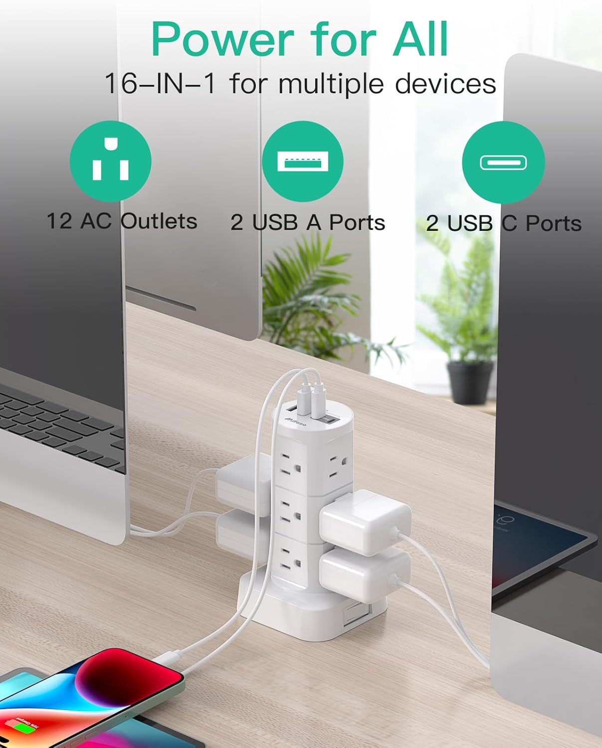 Mifaso PD20W 12 4 1080J 6Ft Power Strip Tower, Charging Station Desk Accessories, Flat Plug, Outlets USB Ports, Surge