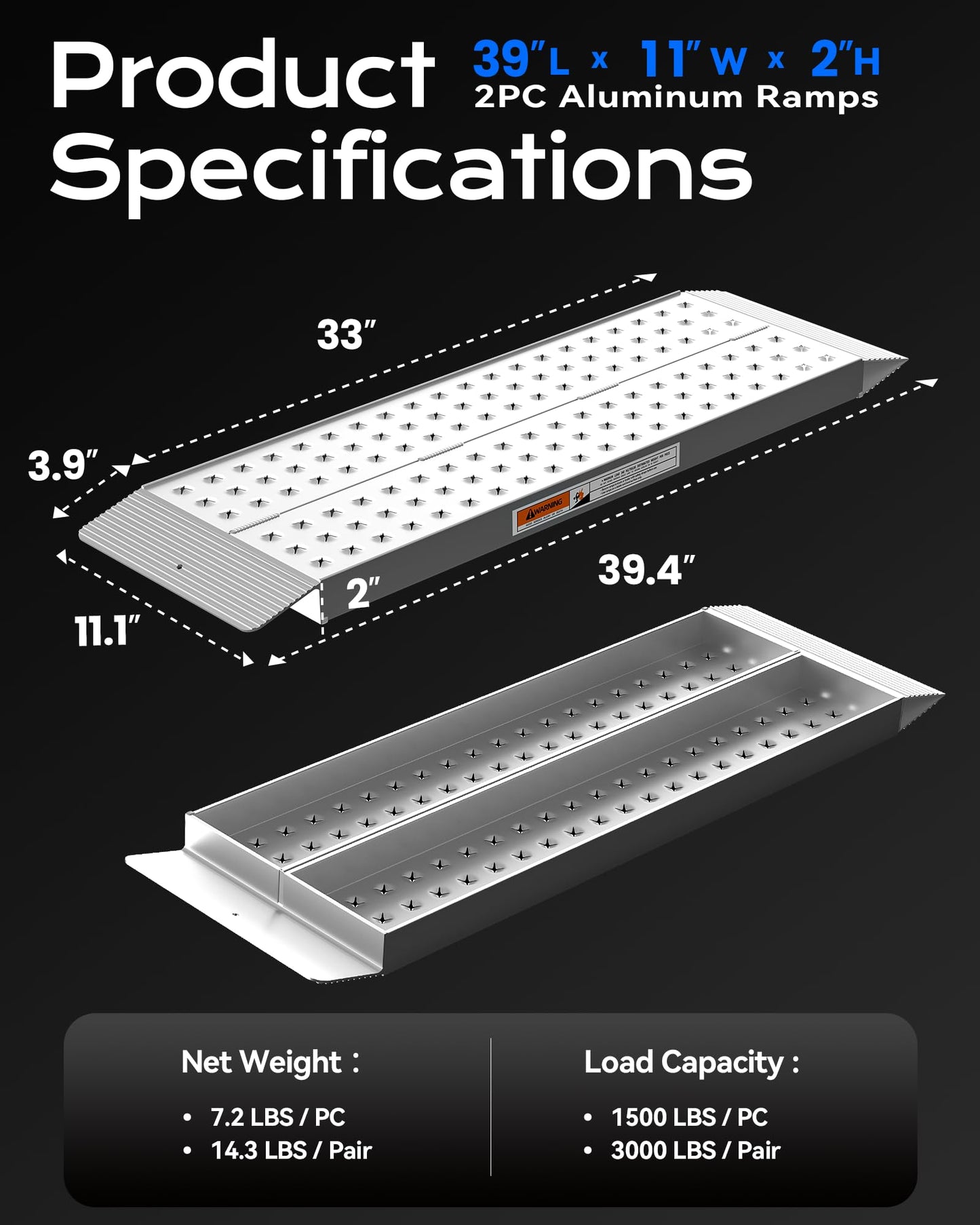 KOLOTOOL Aluminum Shed Ramps for Riding Lawn Mowers, 39" L x 11" W Loading Ramps with 3000 lbs Capacity, Gentle Incline Non-Slip Ramp for Shed, Barn, Garage, ATV, Snow Blower, Garden Tractor