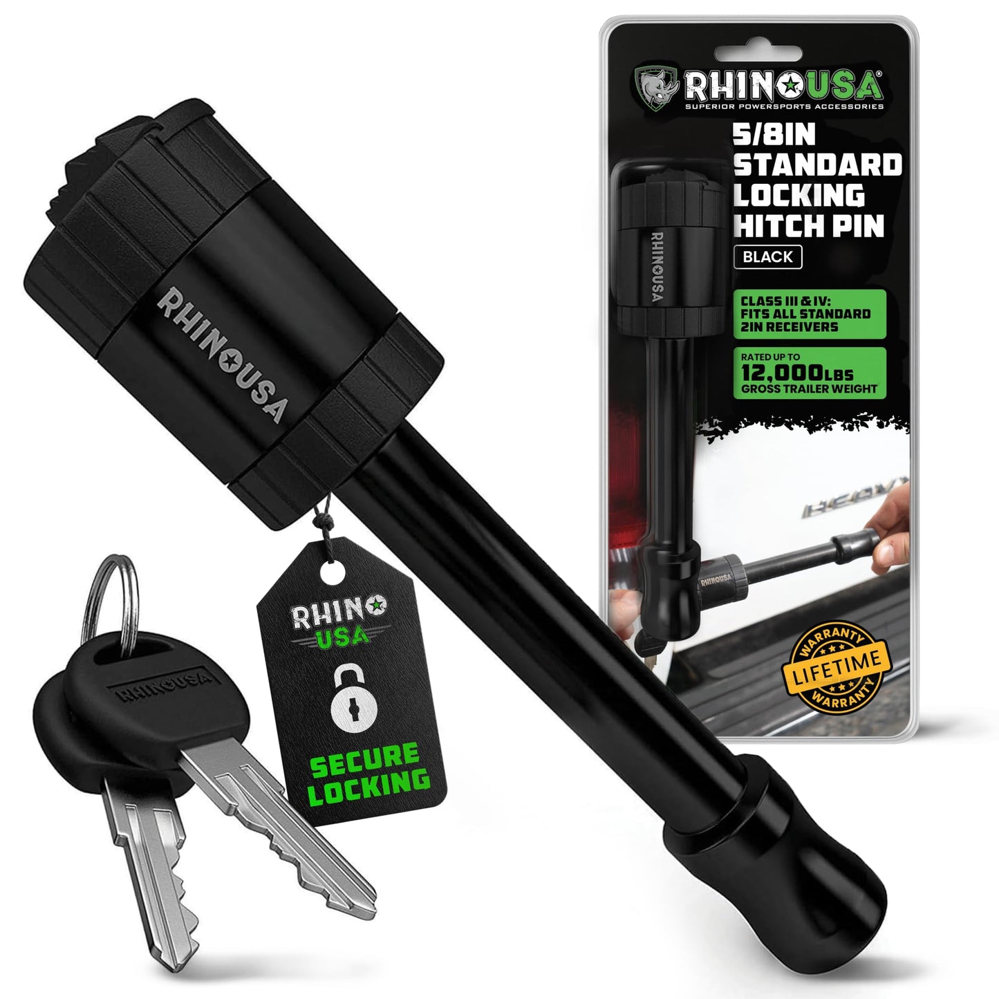 Rhino USA 2” Trailer Hitch Pin – Patented 5/8" Locking Receiver Pin for Class III/IV Hitches – Weatherproof, Anti-Theft, Debris-Protected – Tow Truck Ready – Black 1PK