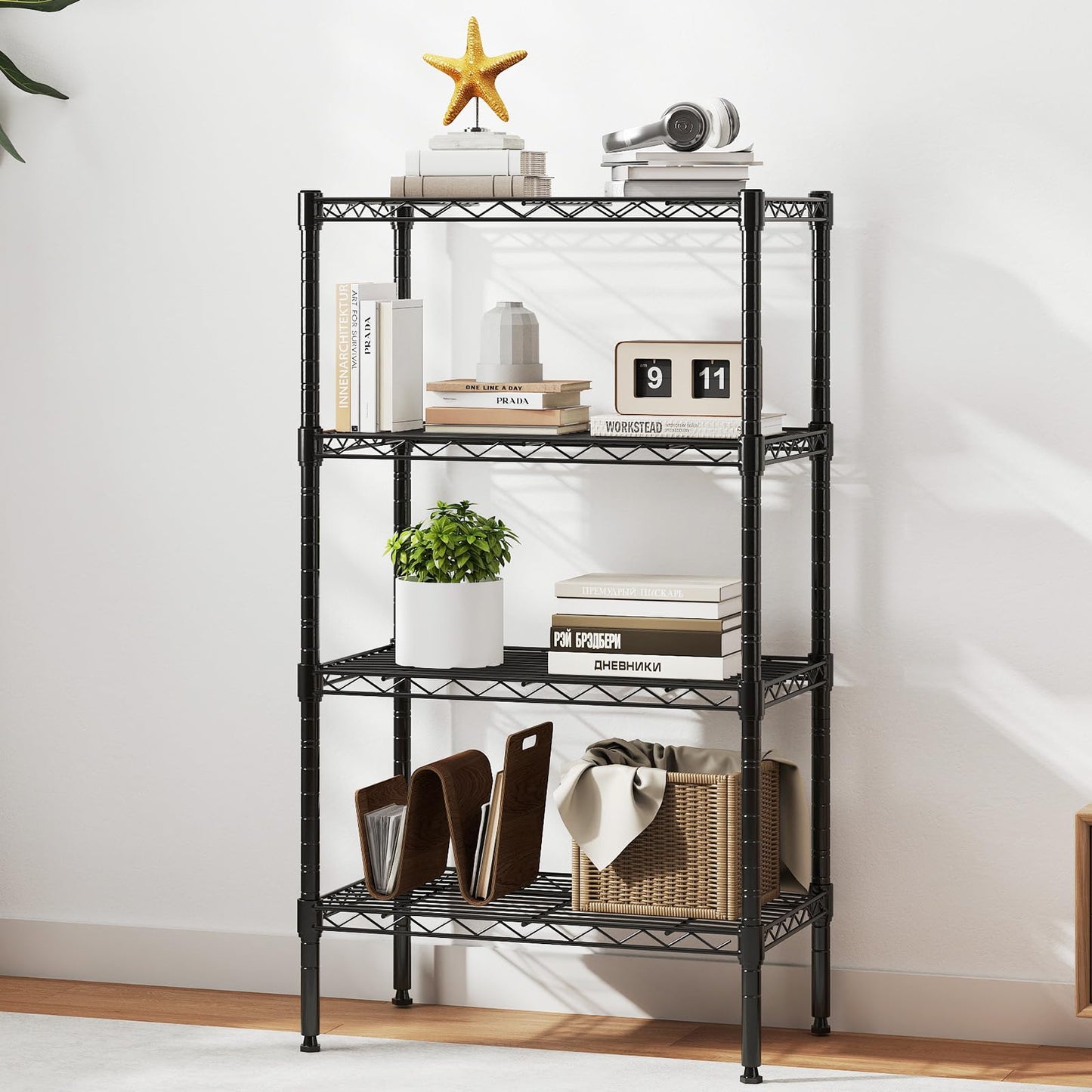 DUMOS 4-Tier Metal Wire Storage Shelves, Adjustable Standing Storage Rack Shelf, Heavy Duty Steel Shelving Unit Organizers for Kitchen Bathroom Pantry Garage, 23.3" W×13.4" D×47" H, Black