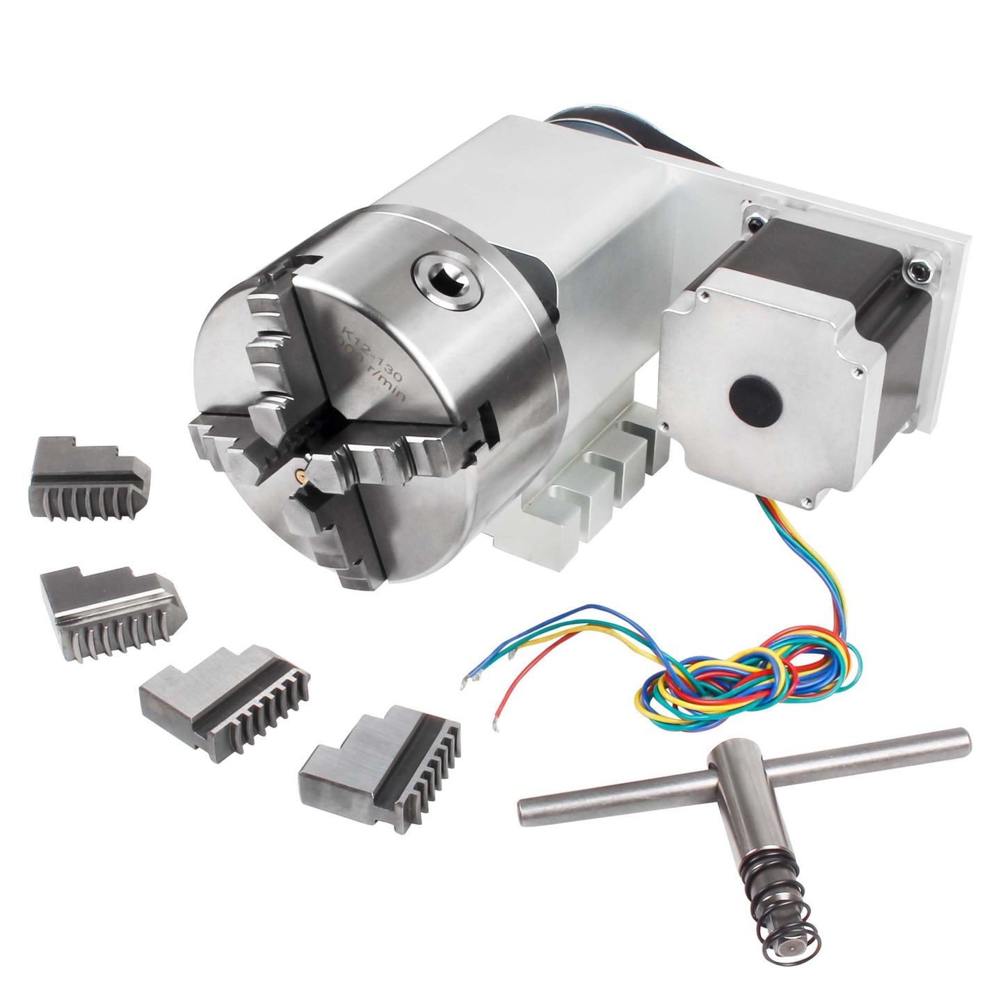 RATTMMOTOR K12-130mm CNC Router Table Rotary Milling Machine Rotational Axis A 4th Axis Through Hole 30MM, 4 Jaw Chuck Dividing Head Reducing Ratio 4:1, Nema34 Stepper Motor