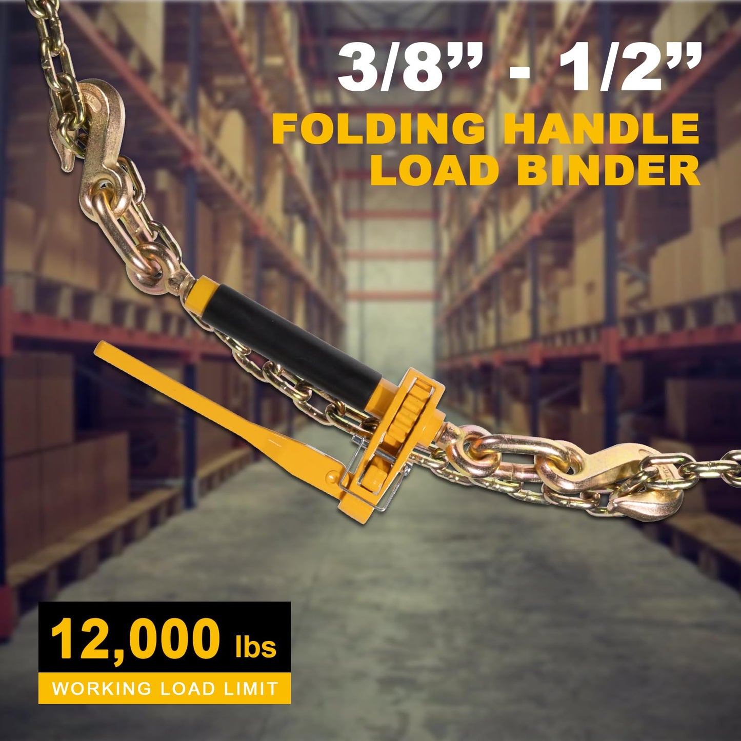 AYMMIC 3/8"-1/2" Heavy Duty Folding Handle Load Binder, Ratchet Chain Binder with Grab Hooks G70-T80, 12,000 lbs WLL Tie Down Hauling Chain Binders for Flatbed Truck Trailer, 2 Pack