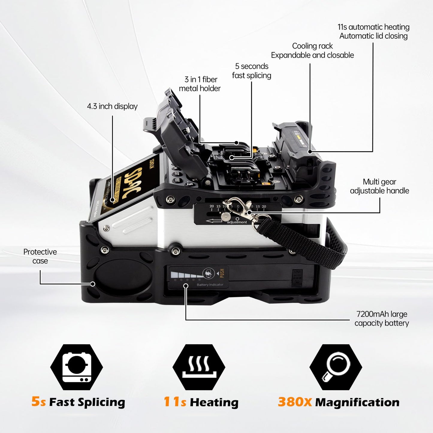 SENDUN Fiber Optic Fusion Splicer with OPM and VFL, Six Motor Core Alignment Fiber Splicer Machine with 7200 mAh Battery & 4.3-inch Touch Screen, Astonishing Fast 5s Splicing & 11s Auto-Heating, SD-9C