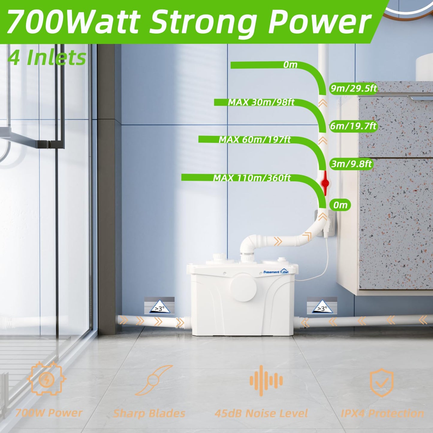 Macerating Toilet Upflush System for Basement Bathroom, Complete Macerating Toilet Kit with 4 Inlets, Toilet Bowl, Water Tank, Soft Close Seat & Extension Pipe, for Sink Shower Kitchen