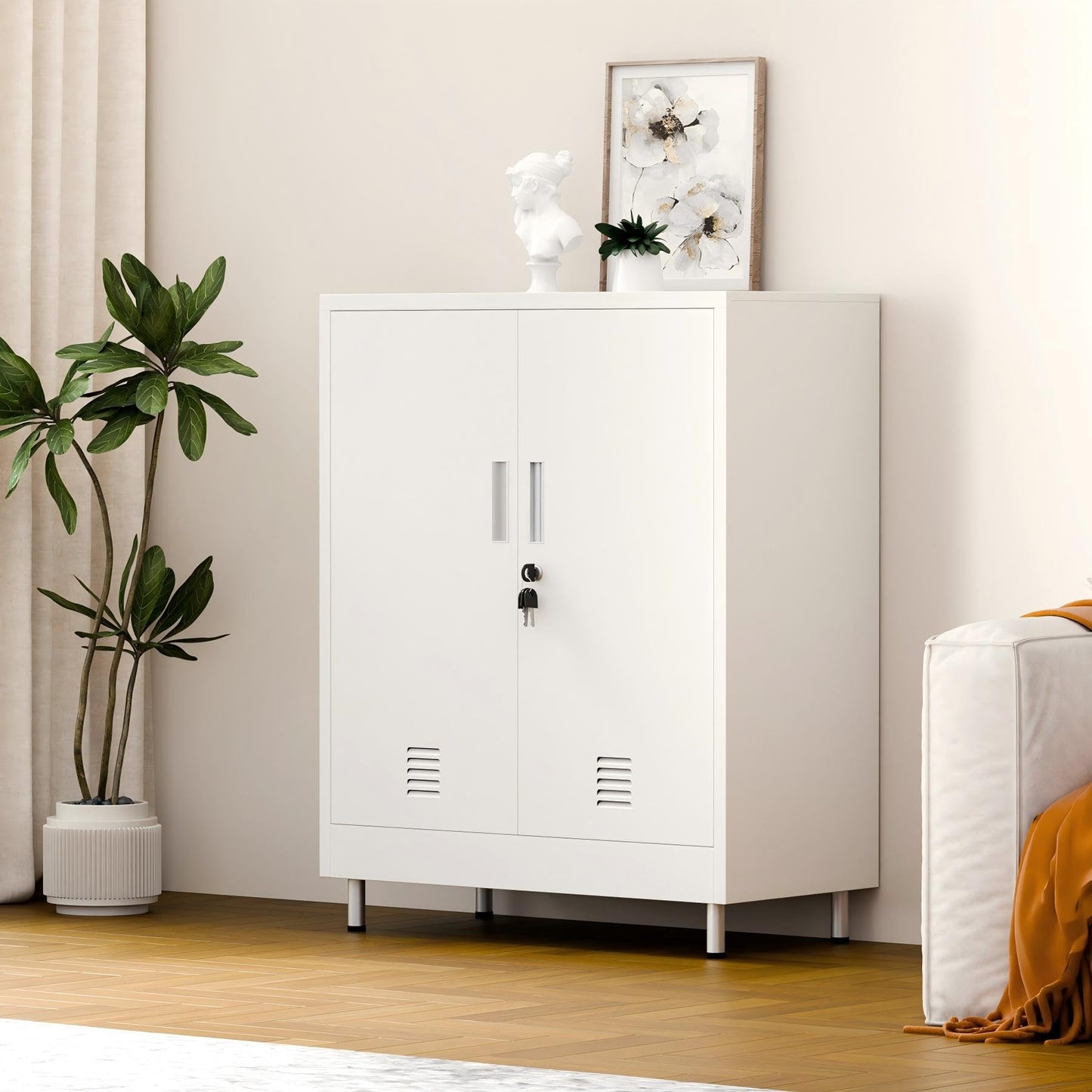 JINGUR Metal Storage Cabinet with Locking Doors and 2 Adjustable Shelves, Lockable Storage Cabinet for Home Office Garage Pantry Living Room (White)