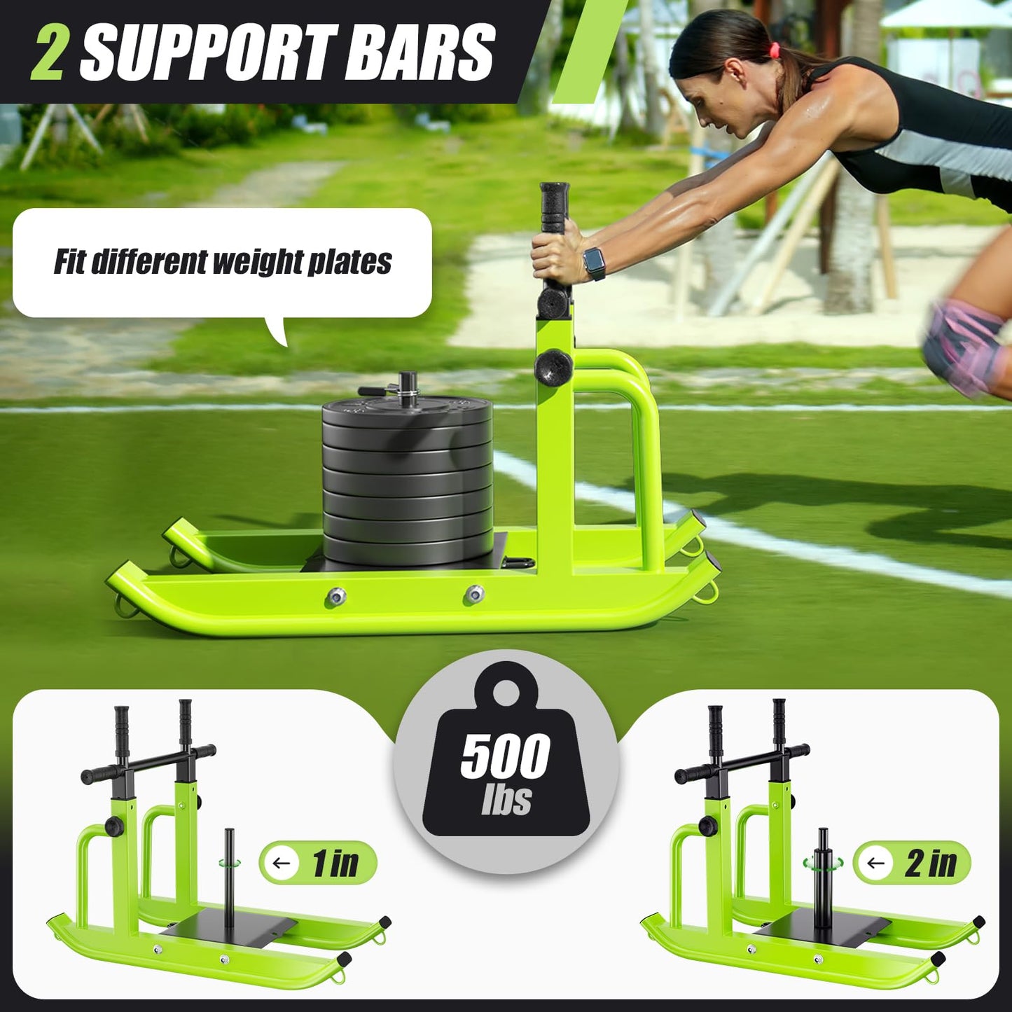 HARVOST Weight Sled Adjustable Height - Weight Training Pull Sled Gym Equipment for Fitness Strength & Speed Training, Suitable for 1" & 2" Weight Plate (Green)