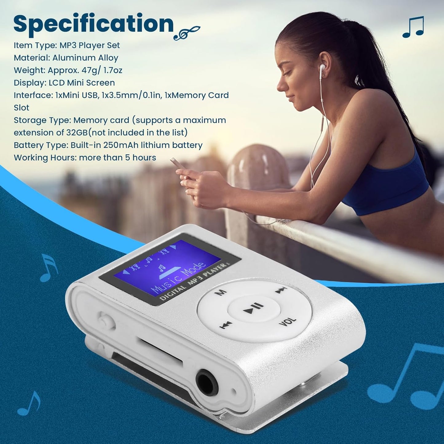 SALALIS MP3 32GB Music Player with Clip, USB & LCD Screen, Supports Memory Card, Earphone & USB Cable (Silver)