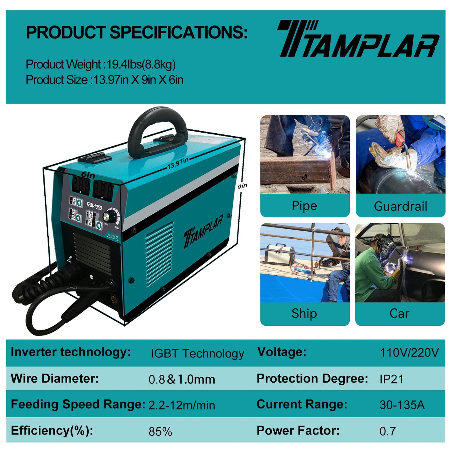 TTAMPLAR MIG Welder - 135AMP 110V&220V Dual Voltage 4 in 1 Flux MIG/Solid Wire/Stick ARC/Lift TIG Gas/Gasless welding, IGBT Inverter Welding Machine TPM-135D