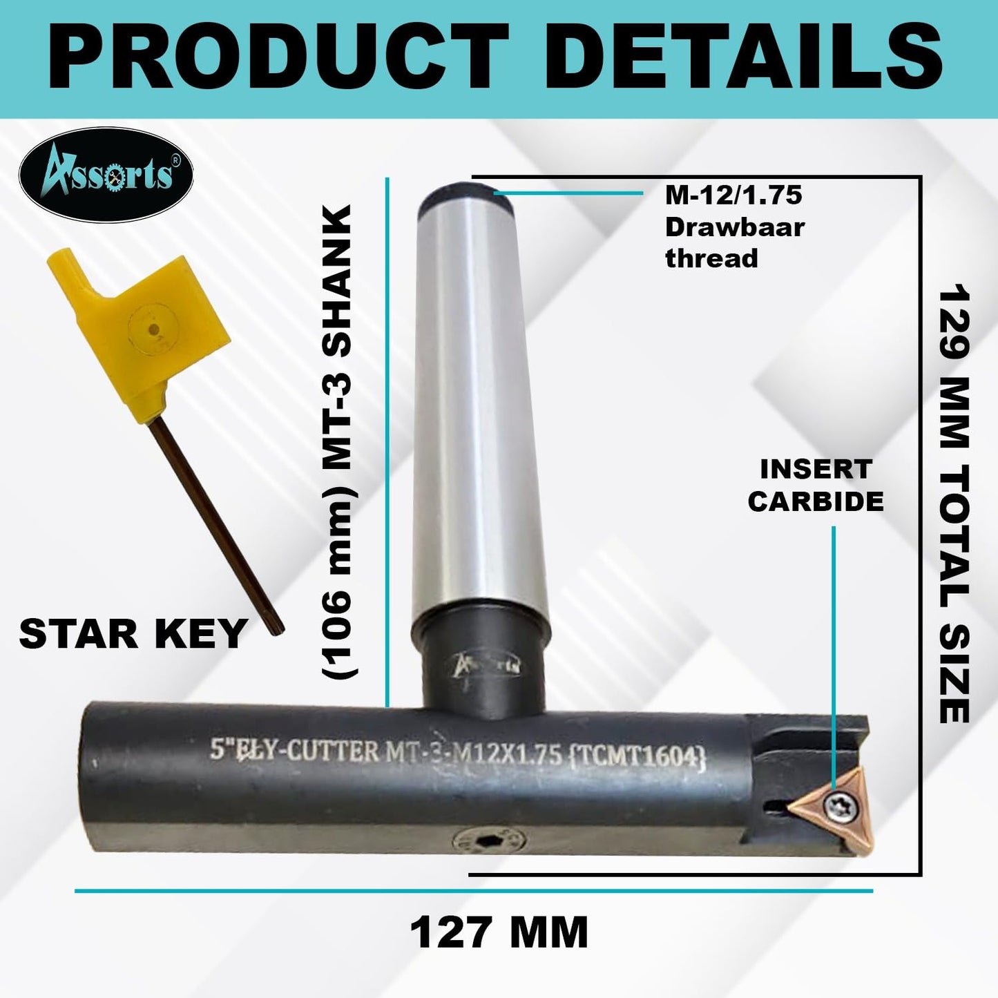 Assorts 5″ Balanced Fly Cutter Indexable Face Milling Cutter with MT-3 Shank (M12 × 1.75 Drawbar), Single TCMT1604 Insert, Torx Screw & Star Key Included