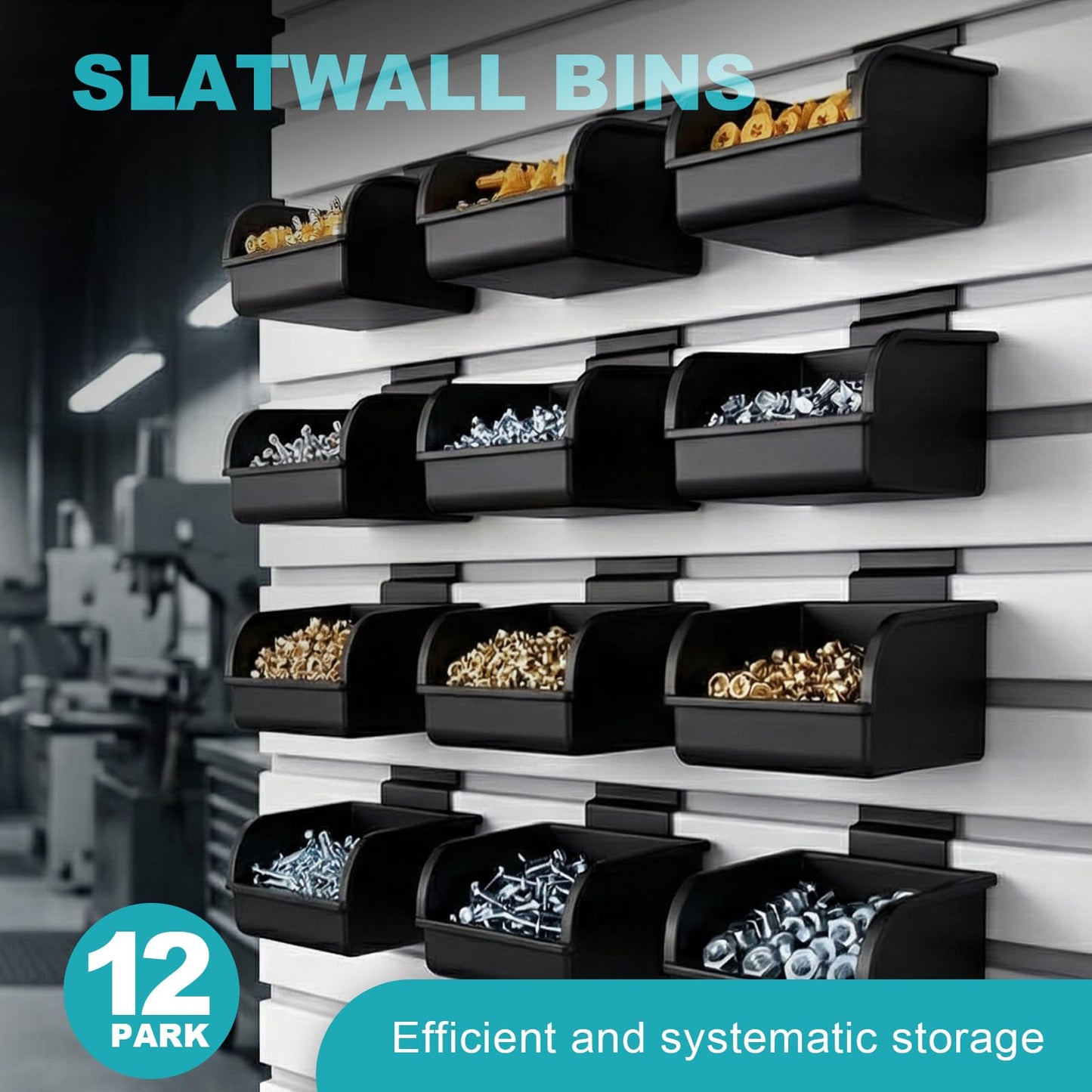 Slatwall Bins with Hooks, Plastic Slatwall Accessories for Organizer Containers for Garage, Hardware, Craft Room, Kitchen, Tool Shed, Workbench (12 Pack)