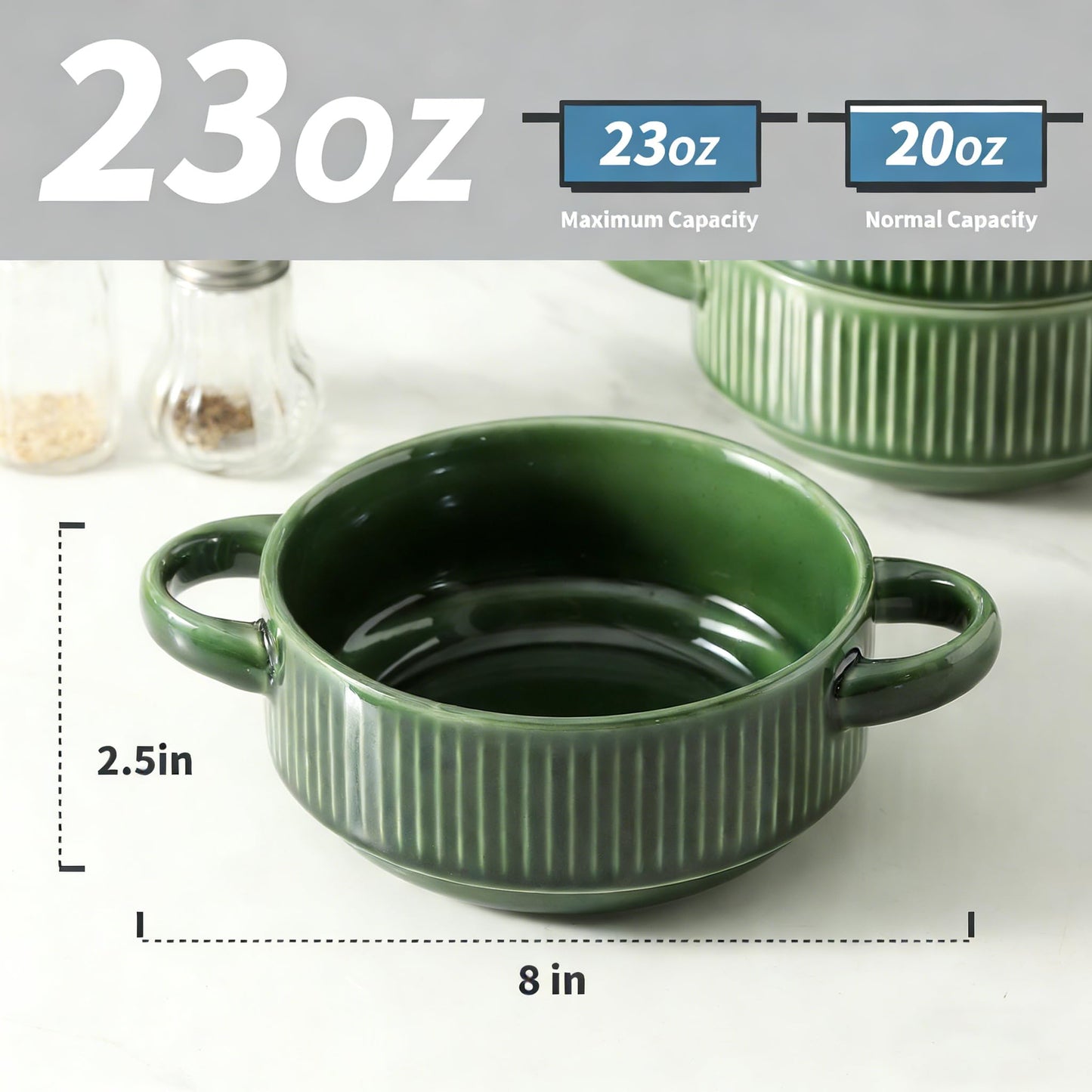 Howise Soup Bowls with Handles, 23 oz French Onion Soup Crocks, Stackable Soup Bowl Oven Safe for Chili, Beef Stew, Embossment Ceramic Bowl Set - 5.4 Inch, Set of 4 (Green)