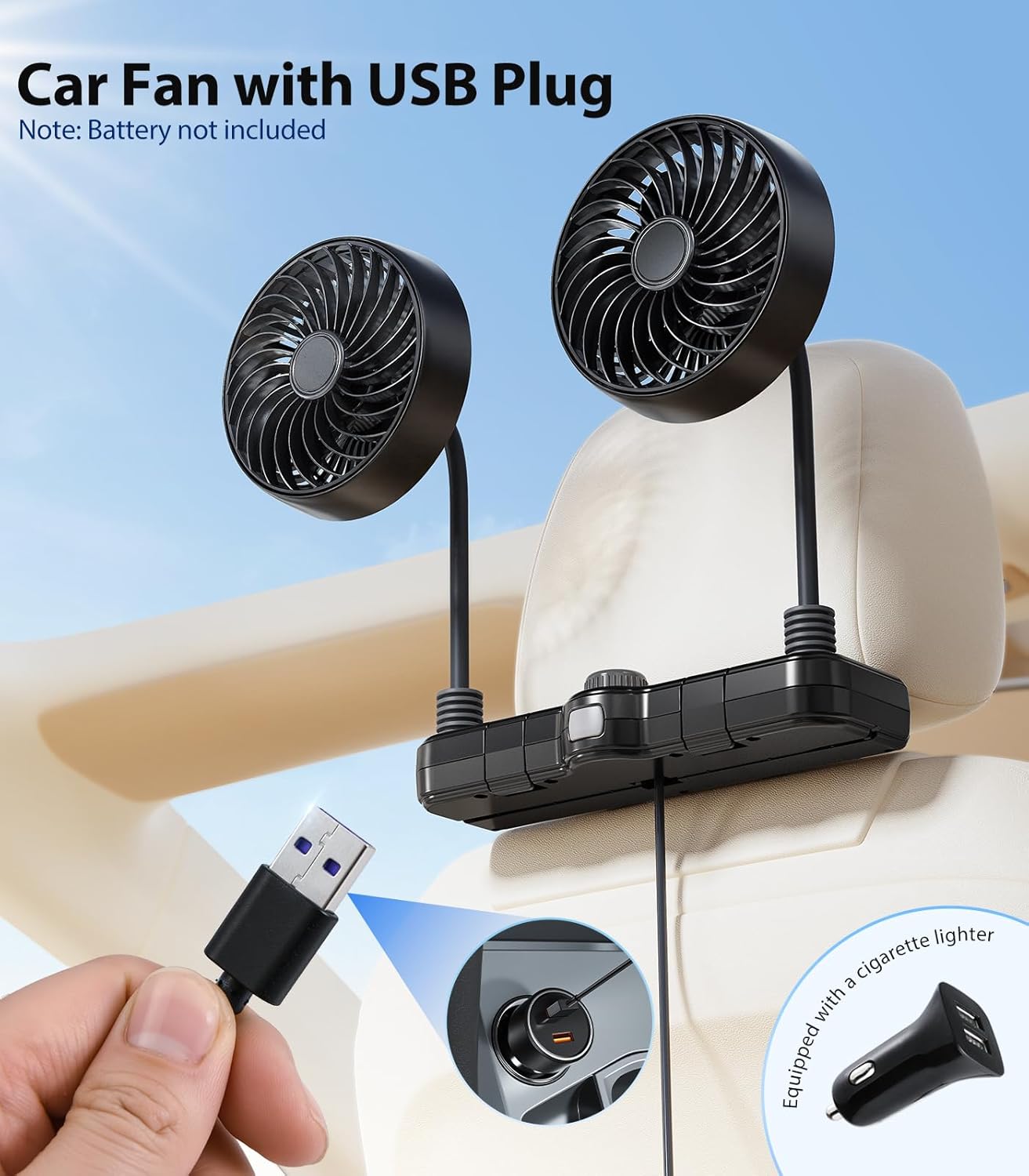 360 2 Dual Hose USB Fan for Car SUV RV Pickup Vehicle Headrest, Car Seat Fan for Baby Kids Rear Facing - Quiet Stepless