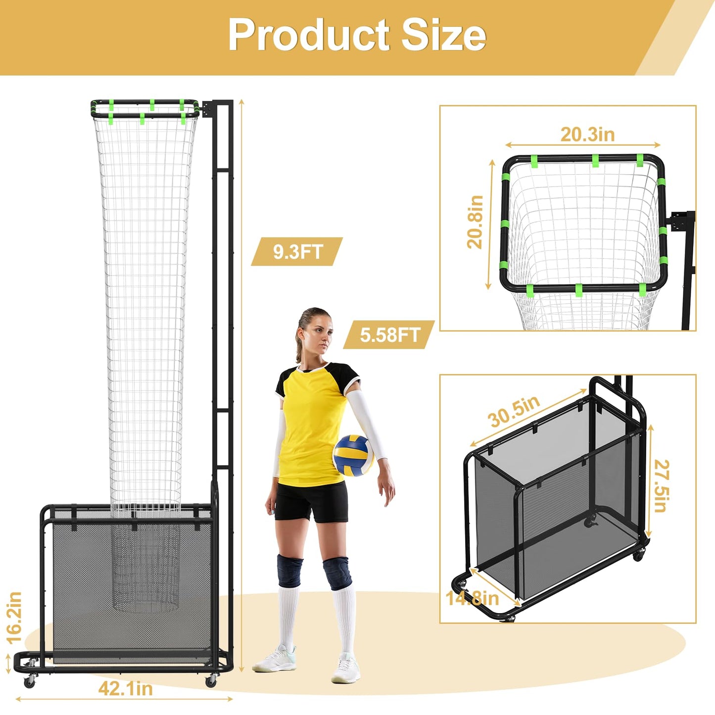 Volleyball Setter Training Equipment, Setting Trainer Net with Target Hoop, 5 Angles Adjustable, Height Adjustable for Serving Spiking Drills System with Ball Collection Bag