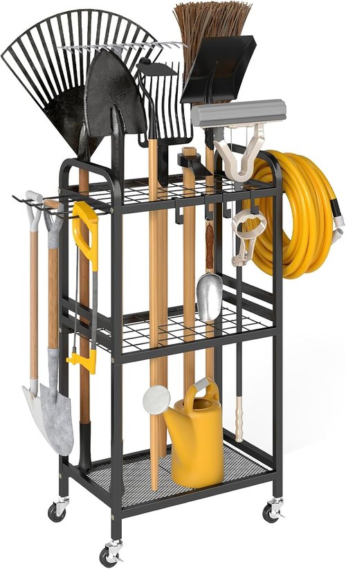 Hadulcet Garden Tool Organizer - Heavy-Duty Metal Rack with Lockable Wheels & Storage Hooks | Black