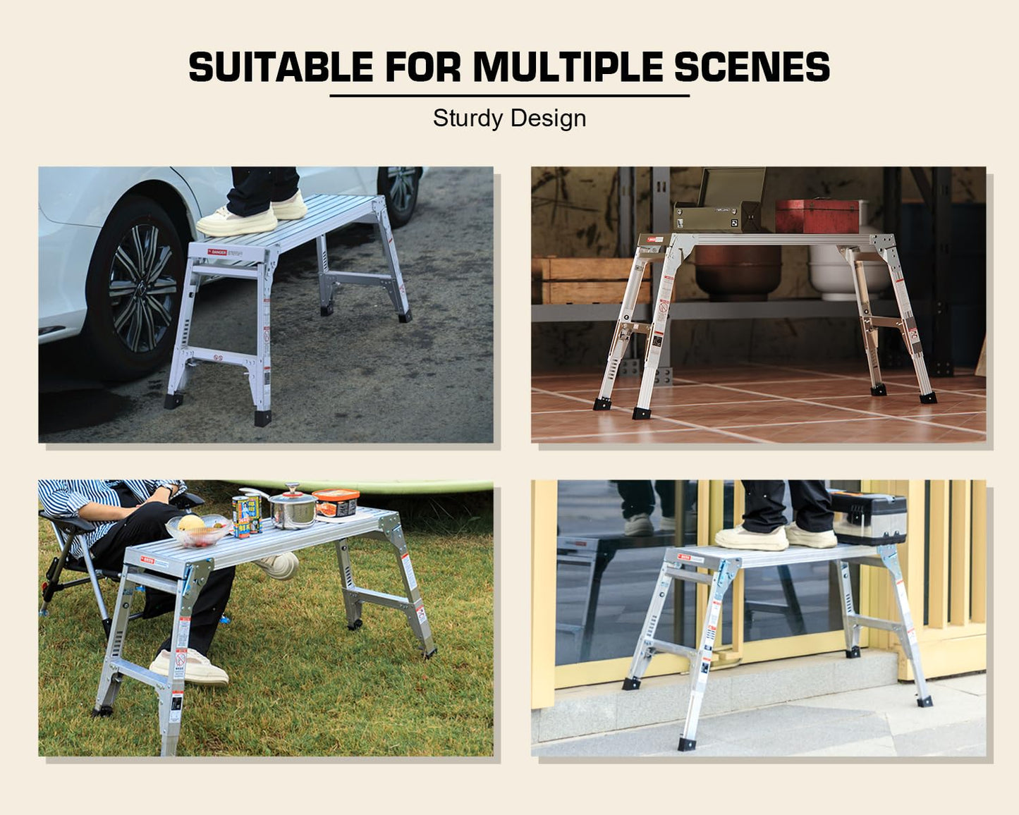 Aluminum Work Platform Height Adjustable Folding Portable Work Bench, Step Ladder Car Wash Step Stool, Telescopic Feet 22" -27.5" Height for Painting, Washing, Suitable for Home, Garage