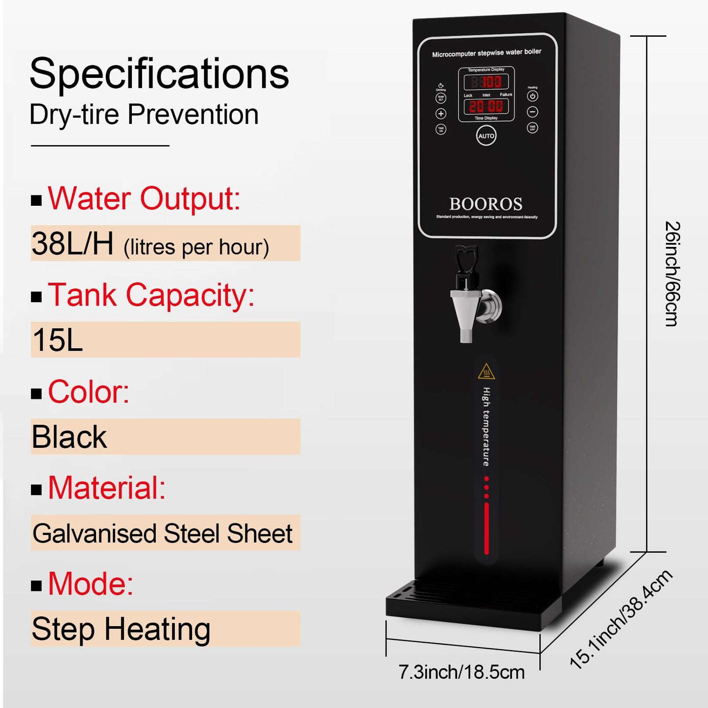 BOOROS Commercial Hot Water Dispenser Black Hot Water Dispenser Countertop 15L Commercial Hot Water Boiler, 24-Hour Timer,1500W Step-heating 38L(10GAL)/Hour for Restaurant,Hotel,Office,Home,Capacity