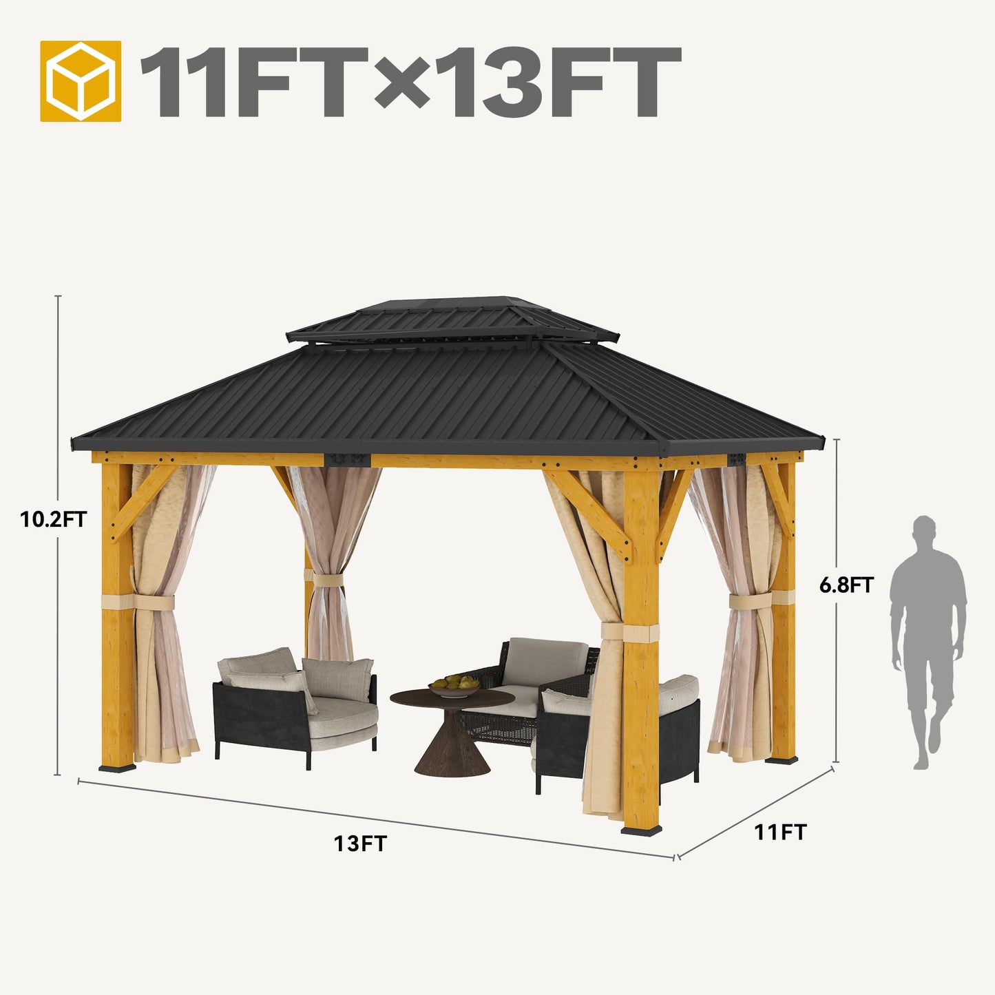DWVO 11X13FT Gazebo Wood Outdoor Wooden Frame Double Roof Hardtop Galvanized Steel Top Canopy w/Curtain and Netting, Patio Heavy Duty for Deck, Backyard, Beige Yellow