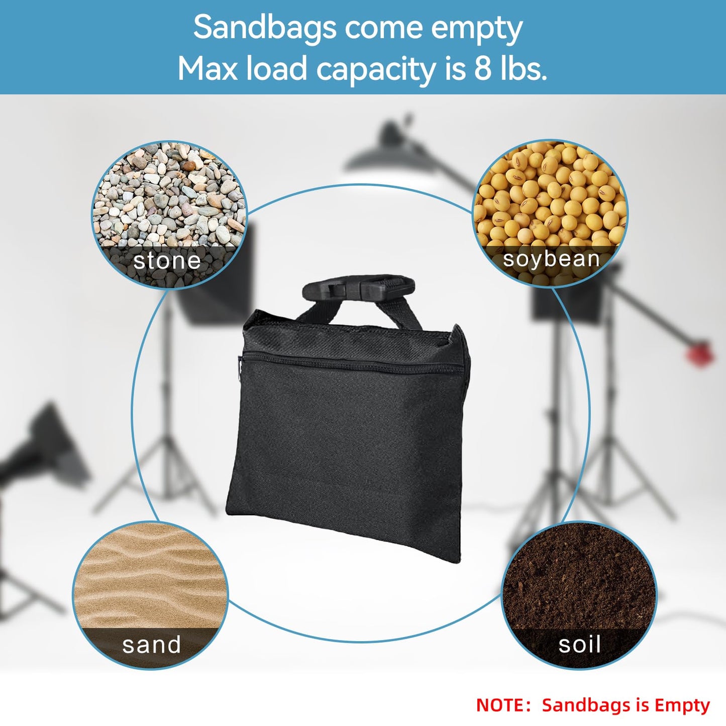 ifkdnr Sandbags 4 Packs with 4 PE Bags, Heavy Duty Sand Bags, Sand Bags for Weight with Zipper and Buckle Straps for Support Light Stand, More 2/4/6/8/10/12 Packs Sand Bag to Choose.