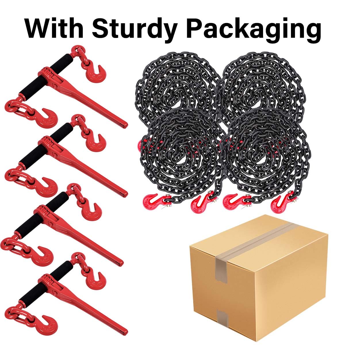 Lenchanse Chain and Binders Kit 1/4in - 5/16in 4 Set, Grade 80 1/4'' - 5/16'' Ratchet Load Binders Equipped with G80 Chains 1/4" × 10 feet and G80 Chain Hooks, 2,200lbs Working Load Tie Down Kit