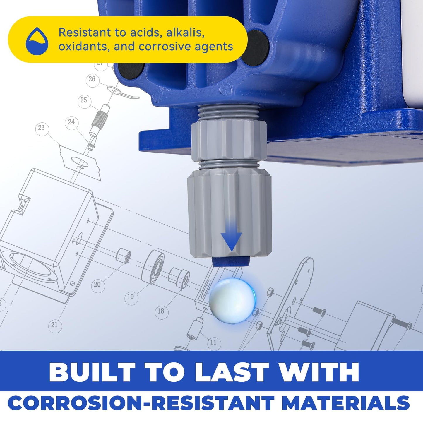 Crispaire Diaphragm Metering Pump for Chemical Laboratory Dosing 30 GPD (4.72 LPH) 100 PSI Adjustable Flow PVC Liquid End with Ceramic Ball Valves Includes Suction & Discharge Tubing 3/8" Ports