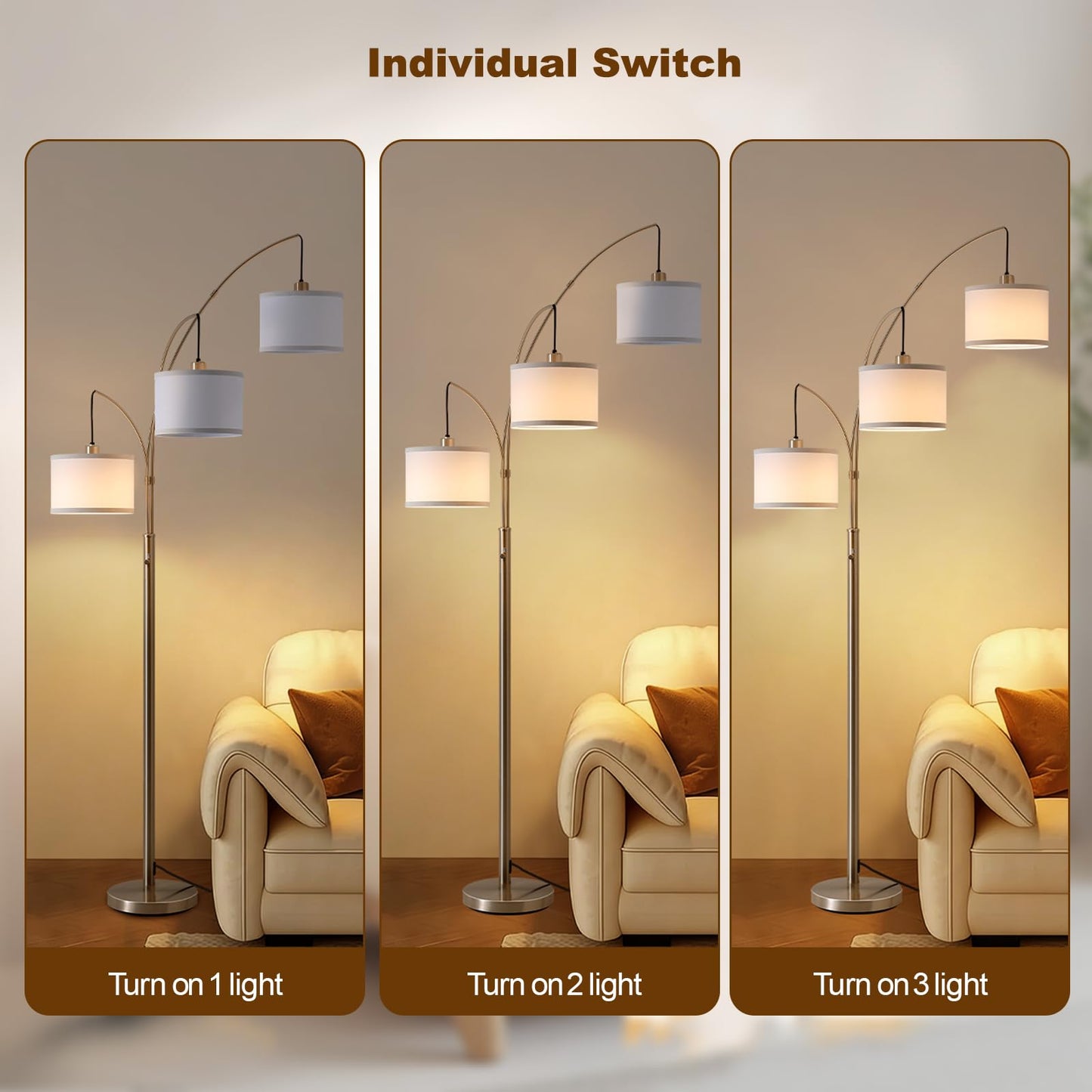 Fansdrick Floor Lamps for Living Room, 2400LM Super Bright Arc Floor Lamp with Remote Control, 3 Light Tall Floor Lights with Stepless Dimmable, 80" Mid Century Tree Floor Lamp for Bedroom, Office