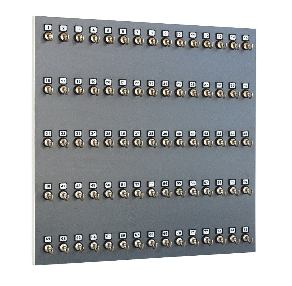 Stand Company Key Rack, Key Holder #75MNS, 75 Bolted Metal Numbered Hook with Hidden Hangers, 23" x 23" x 2.5", Dark Gray Melamine Finish (75 Sets of Tag & Ring Included) - Made in USA