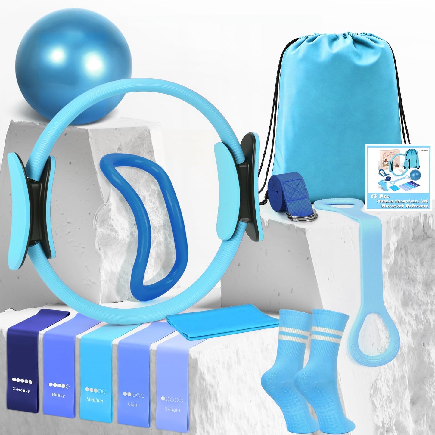 Pilates Kit for Women 13PCS, Pilates Ring and Ball Set with Magic Circle, Resistance Bands Set, Figure 8 Band, Yoga Ring & Grip Socks, Home Workout Equipment Essentials Starter Kit for Beginners