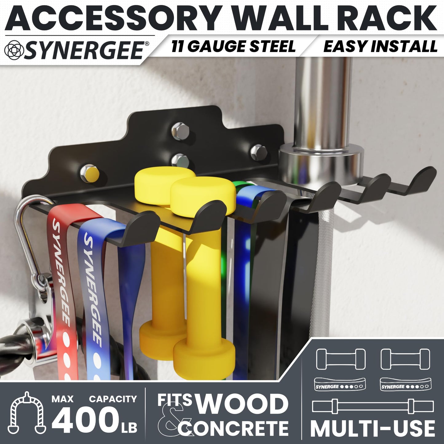 Synergee Wall Mounted Barbell Holder & Gym Accessory Rack Heavy Duty Steel 5 Bracket