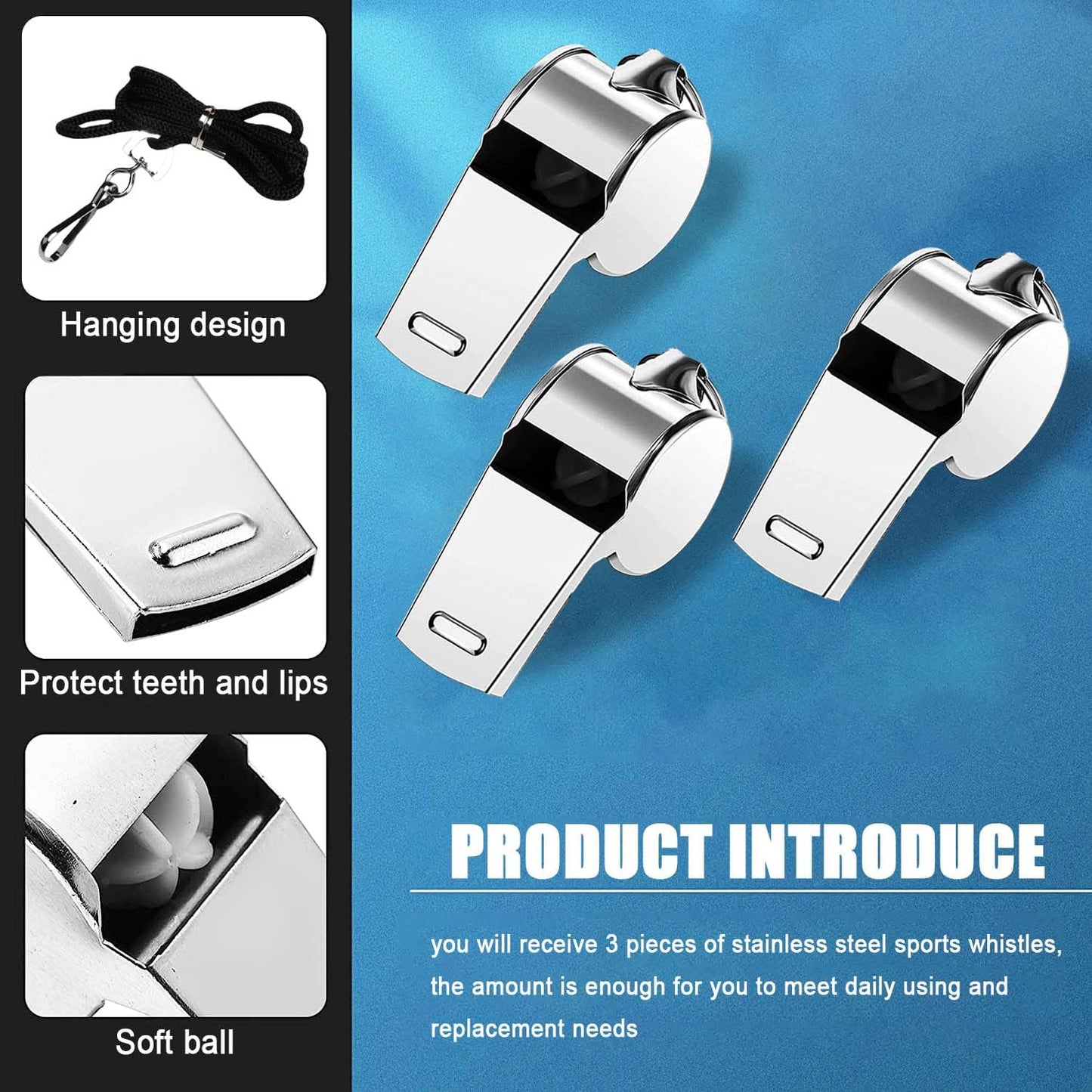 Tiankohelan Whistle for Coaches,Whistle with Lanyard for Coaches Teachers Referees Emergency Outdoor Sports(3 Pcs Loud Stainless Steel)