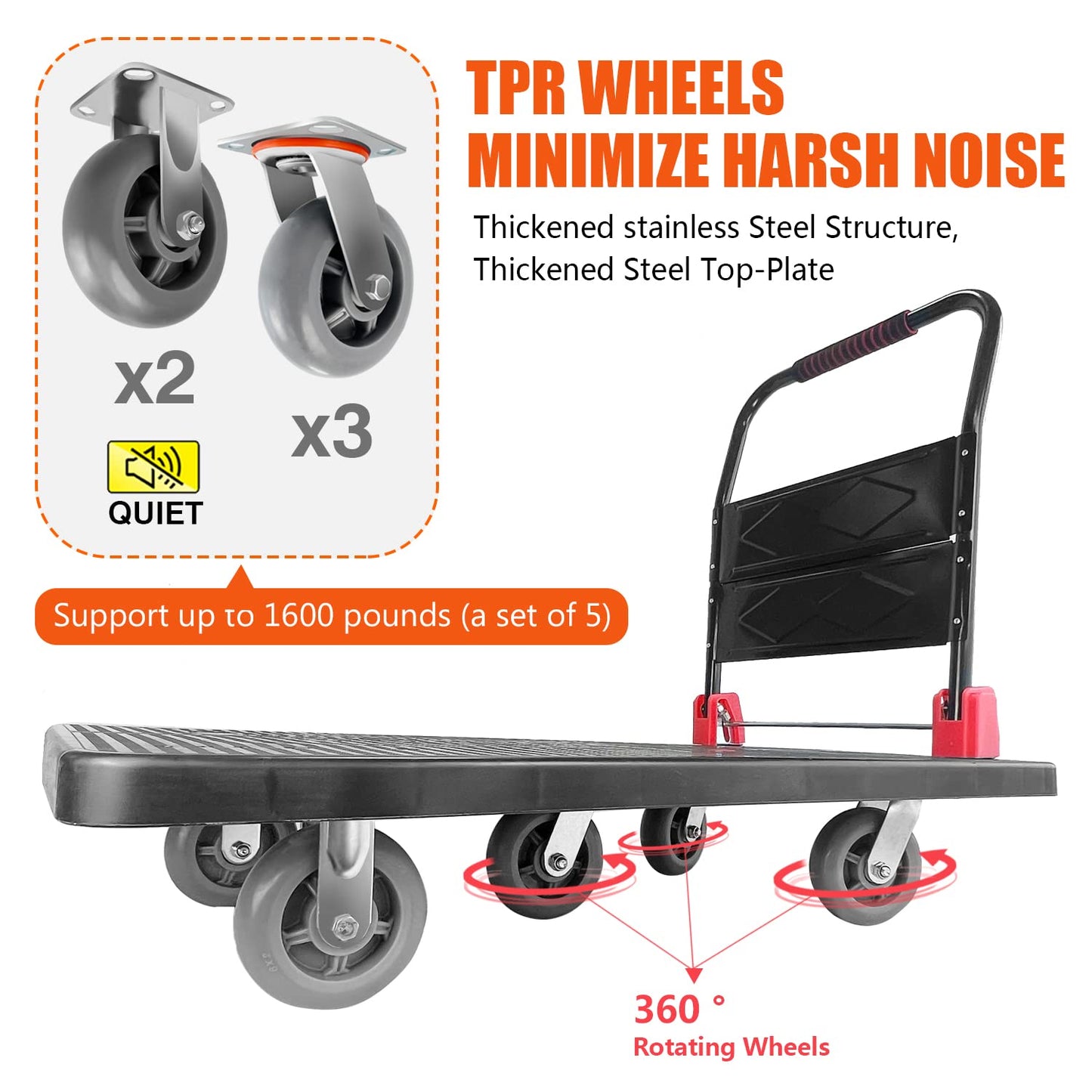 Platform Truck, Foldable Push Cart Dolly w/Five 360 Swivel 6'' Wheels, 1600LBS Capacity Heavy Duty Moving Platform Trucks Hand Cart for Groceries, Garage, Warehouse (43" L x25" W)
