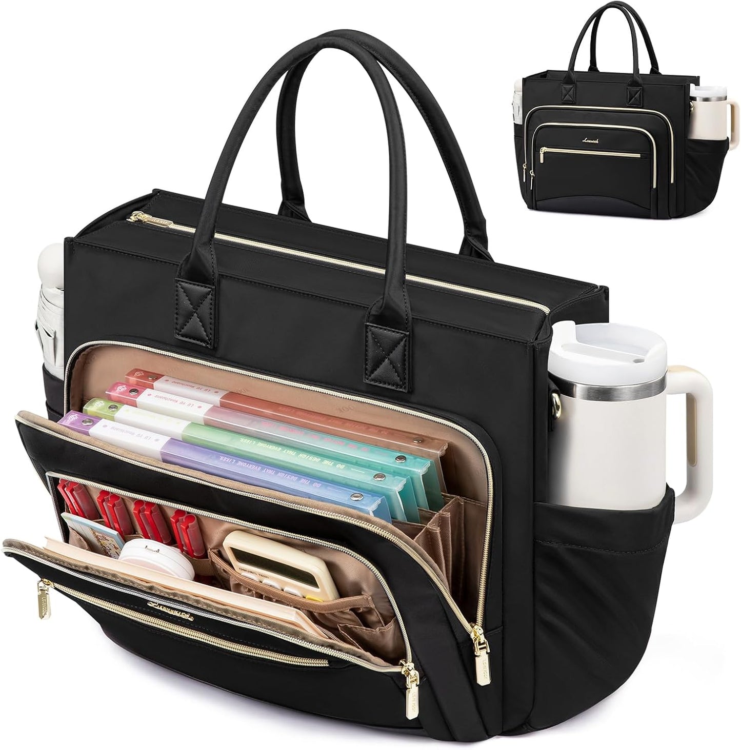 LOVEVOOK Teacher Tote Bag for Women,Laptop bag with Large Cup Holder,Work bag with Accordion File Organizer