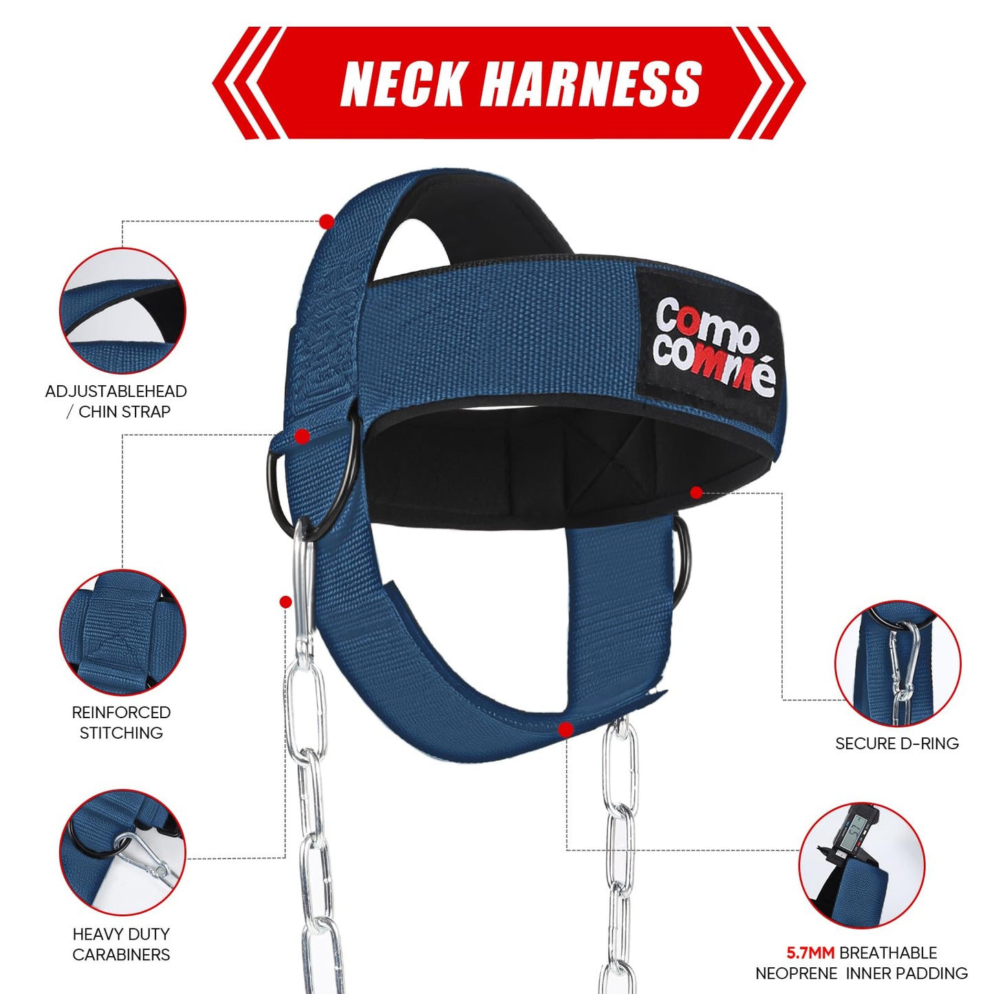 Fitness Neck Head Harness Trainer for Men and Women, Blue Neck Exerciser with 30" Heavy Duty Steel Chain for Safely Lifting, Adjustable Neoprene Neck Exerciser for Weight Lifting, Home and Gym Use