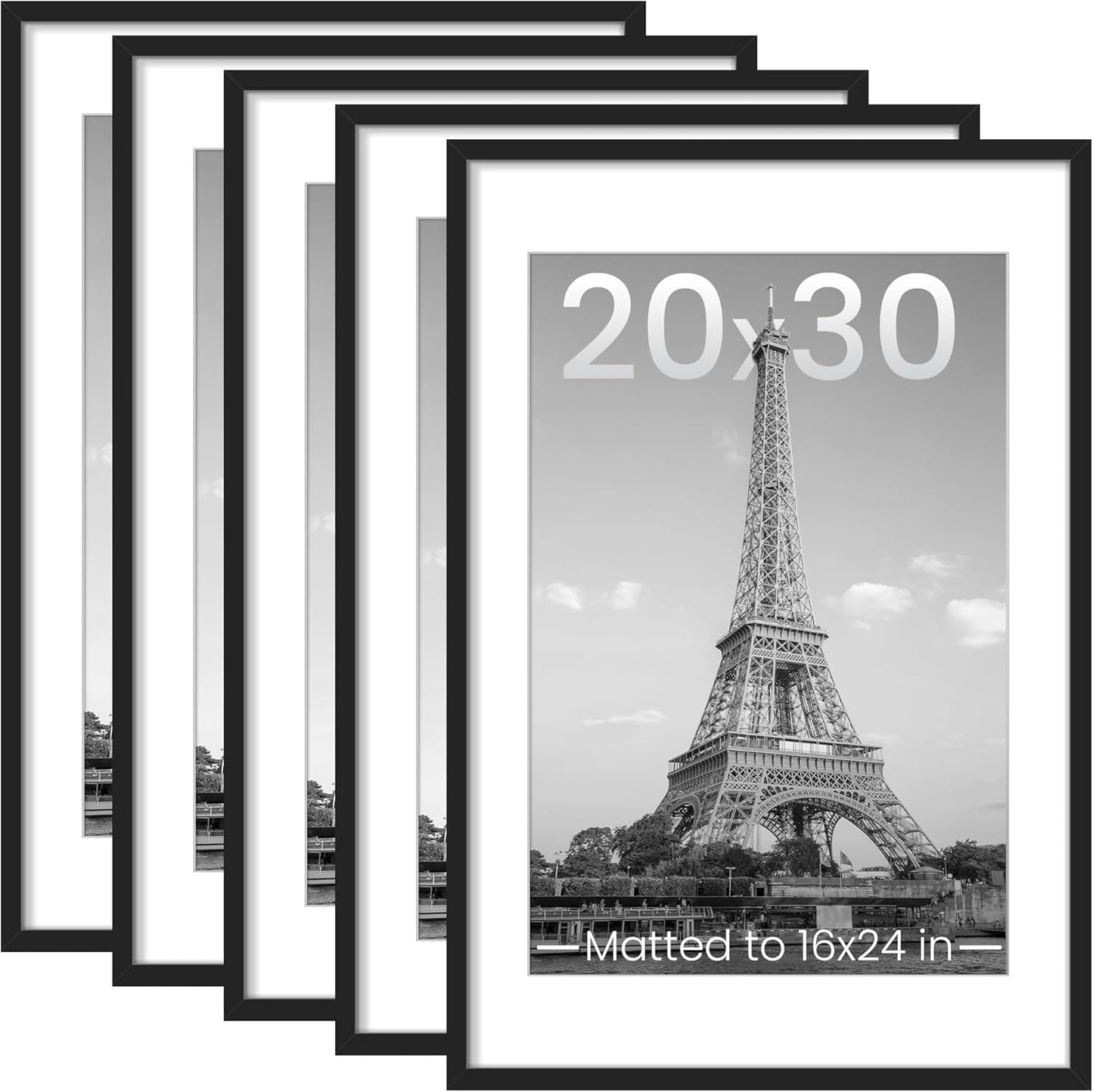 Upsimples 20x30 Picture Frame Set of 5 - Versatile Black Frames for 16x24 or 20x30 Photos