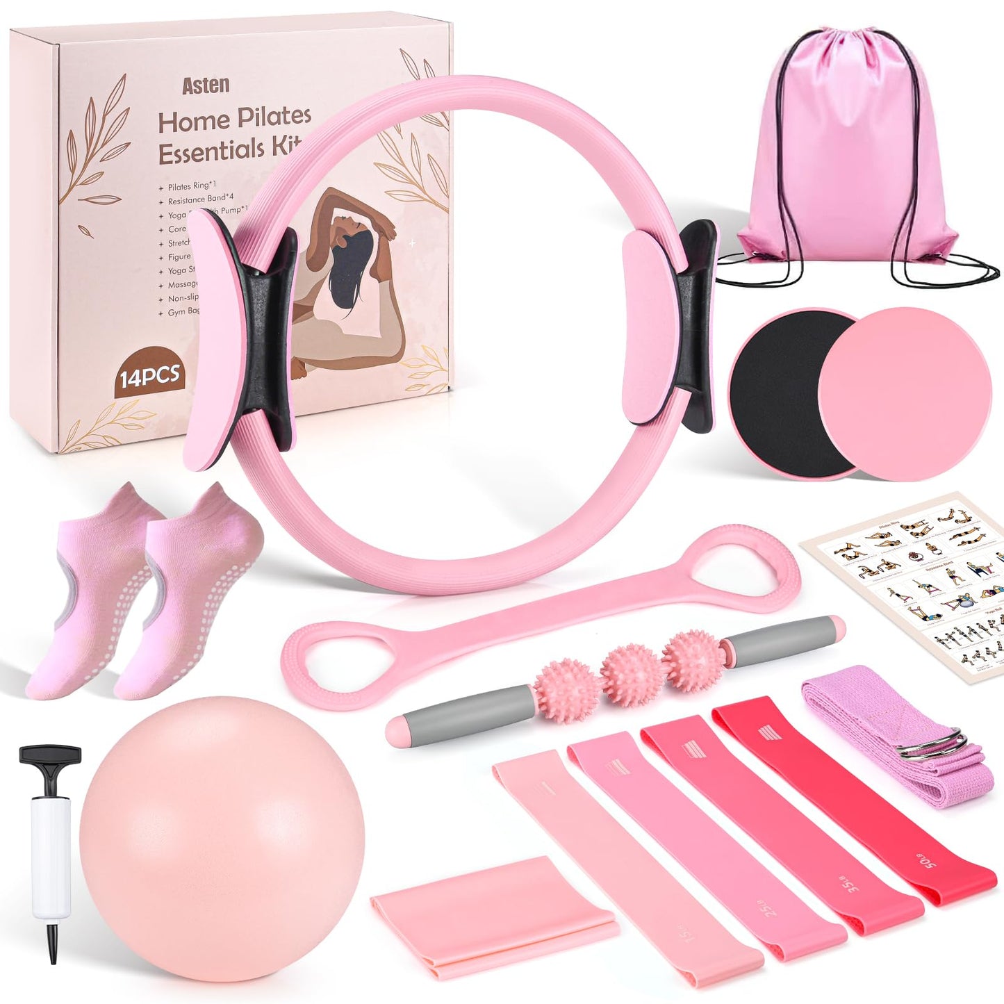 Home Pilates Kit for Women: Pilates Equipment Pilates Ring and Ball Set with Resistance Bands, Core Slider, Foam Roller, Pilates Essentials Kit for Beginner Home Workout, Compact Toning Fitness, Pink