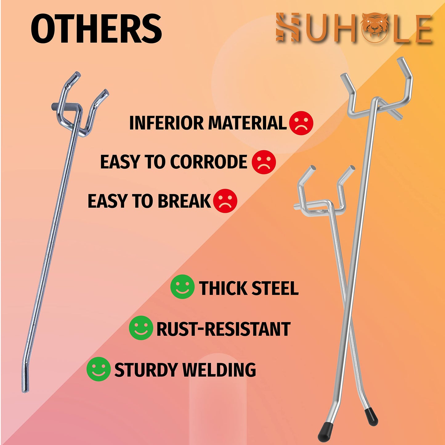 HUHOLE 50-Pack Silver Pegboard Hooks 2 Inch, Heavy Duty Matte Finish Metal Peg Board Hangers, Fits 1/8" & 1/4" Boards, Rust-Resistant Organizer for Garage, Shop, Workbench & Retail Display