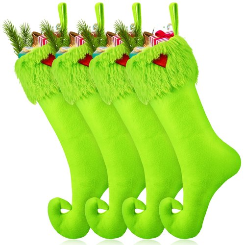 Coume 4 Pcs 19 Inch Lime Green Christmas Stockings Green Faux Fur Xmas Elf Stockings Hanging Christmas Treat Bag Candy Pouch Holder Fireplace Hanging Decor for Xmas Holiday Family Party