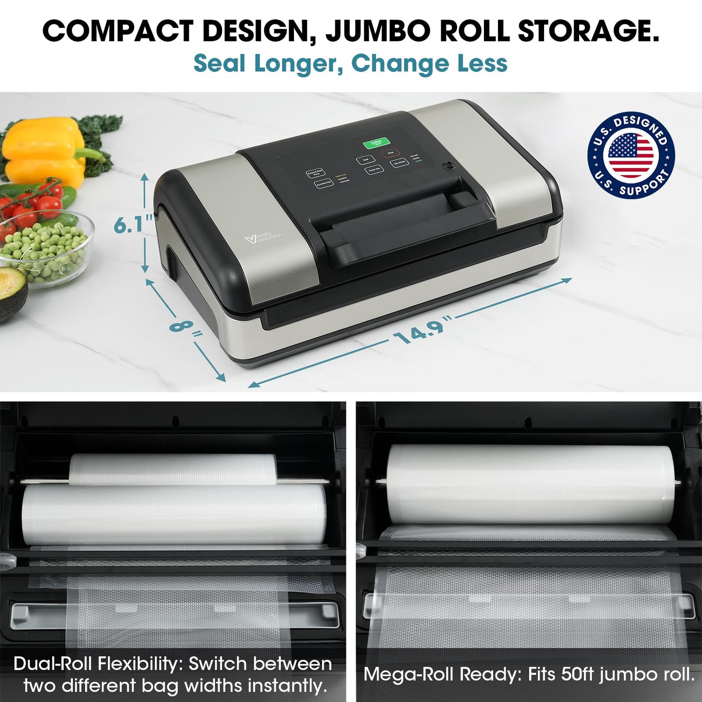 Vesta Precision 12" Vacuum Sealer Machine for Liquid & Moist Foods, Smart Heat Sealing Prevents Bag Melting, Built-in Cutter & Roll Storage Fits 2X20’ or 1X50' Rolls, Mason Jar Kit, Sous Vide, V23