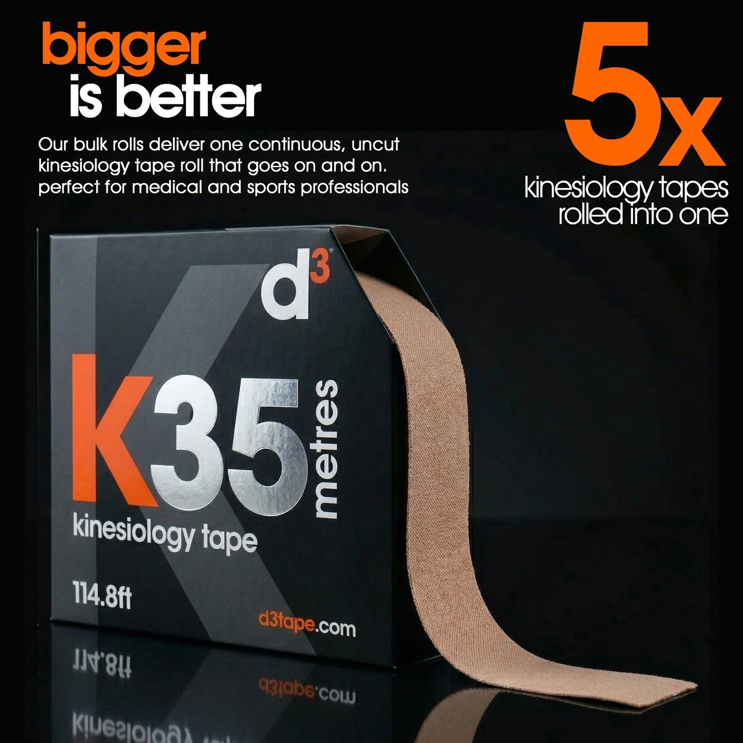 d3 K35 Kinesiology Tape Bulk Roll Black - 2in x 115ft Extra Long Uncut Physio Hypoallergenic Sports Strapping for Knee, Shoulder Back Muscle & Joint Support for Injury Recovery