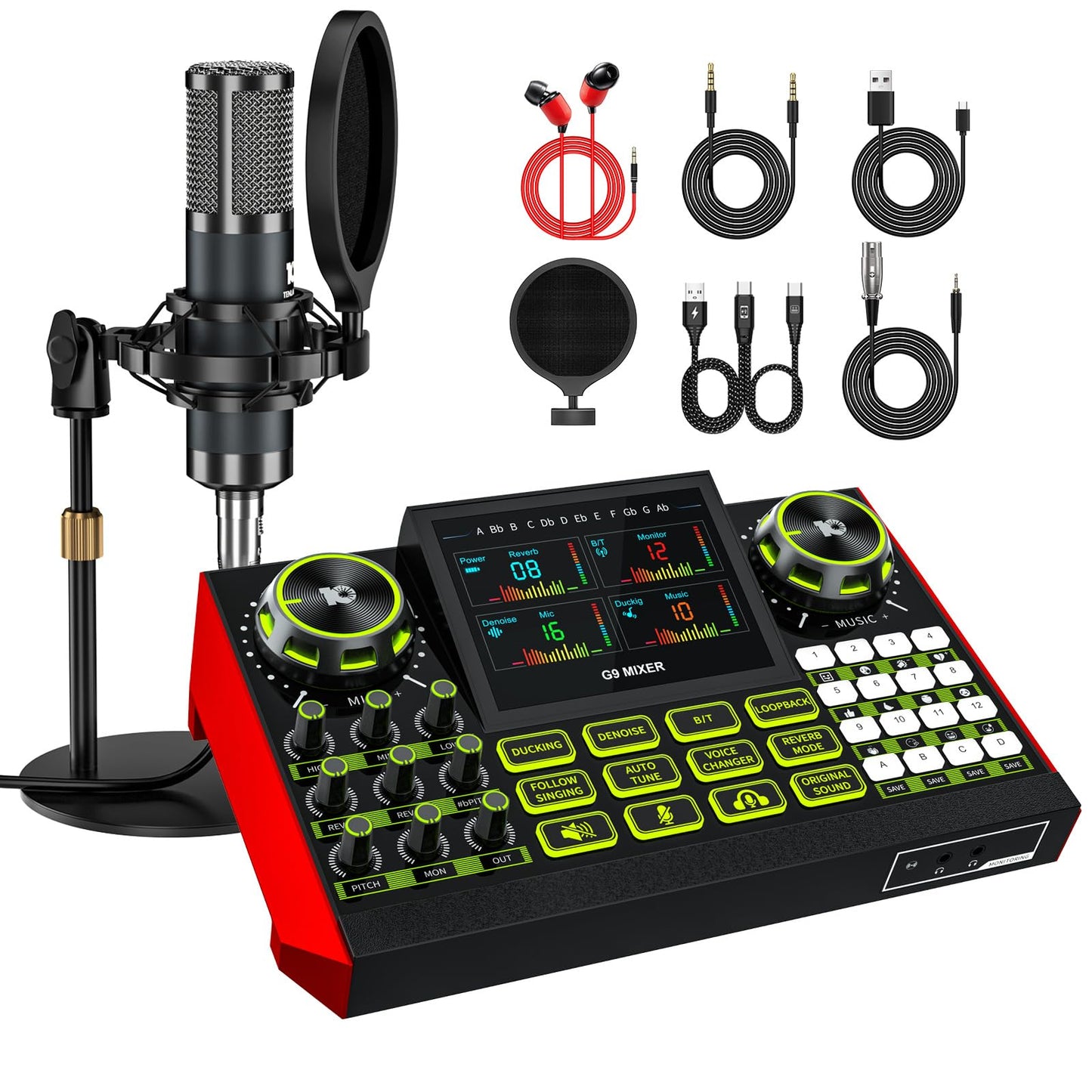 G9 Podcast Equipment Bundle with Audio Mixer for Streaming Singing, 3.5mm Condenser Microphone Kit, Voice Changer, Noise Reduction, Bluetooth, Plug & Play for PC, Phone, TikTok, YouTube